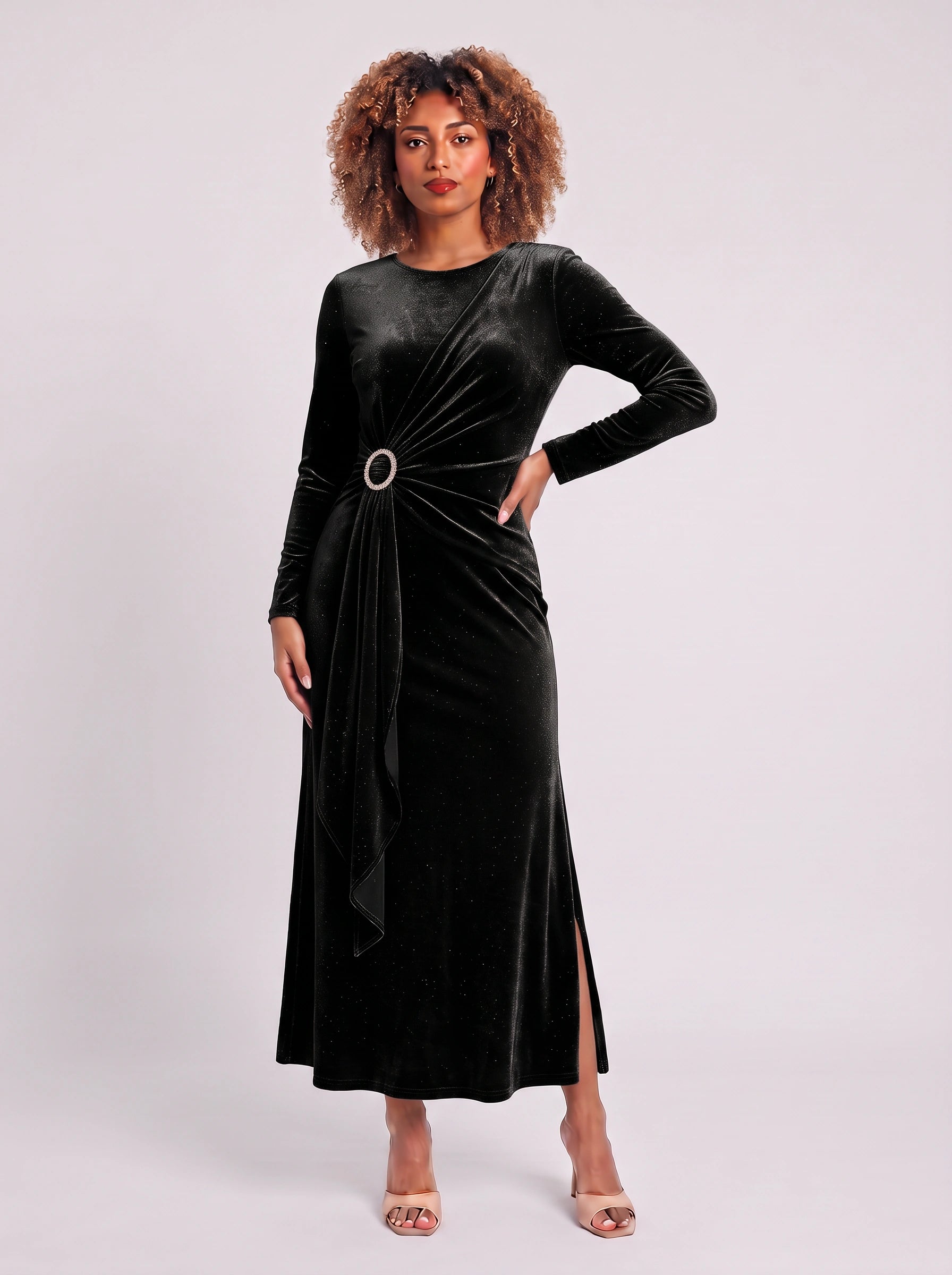 Robe longue Ondella drapée à boucle – Robe longue à manches longues, scintillante et brillante, pour femme, tenue formelle de soirée ou invitée à un mariage