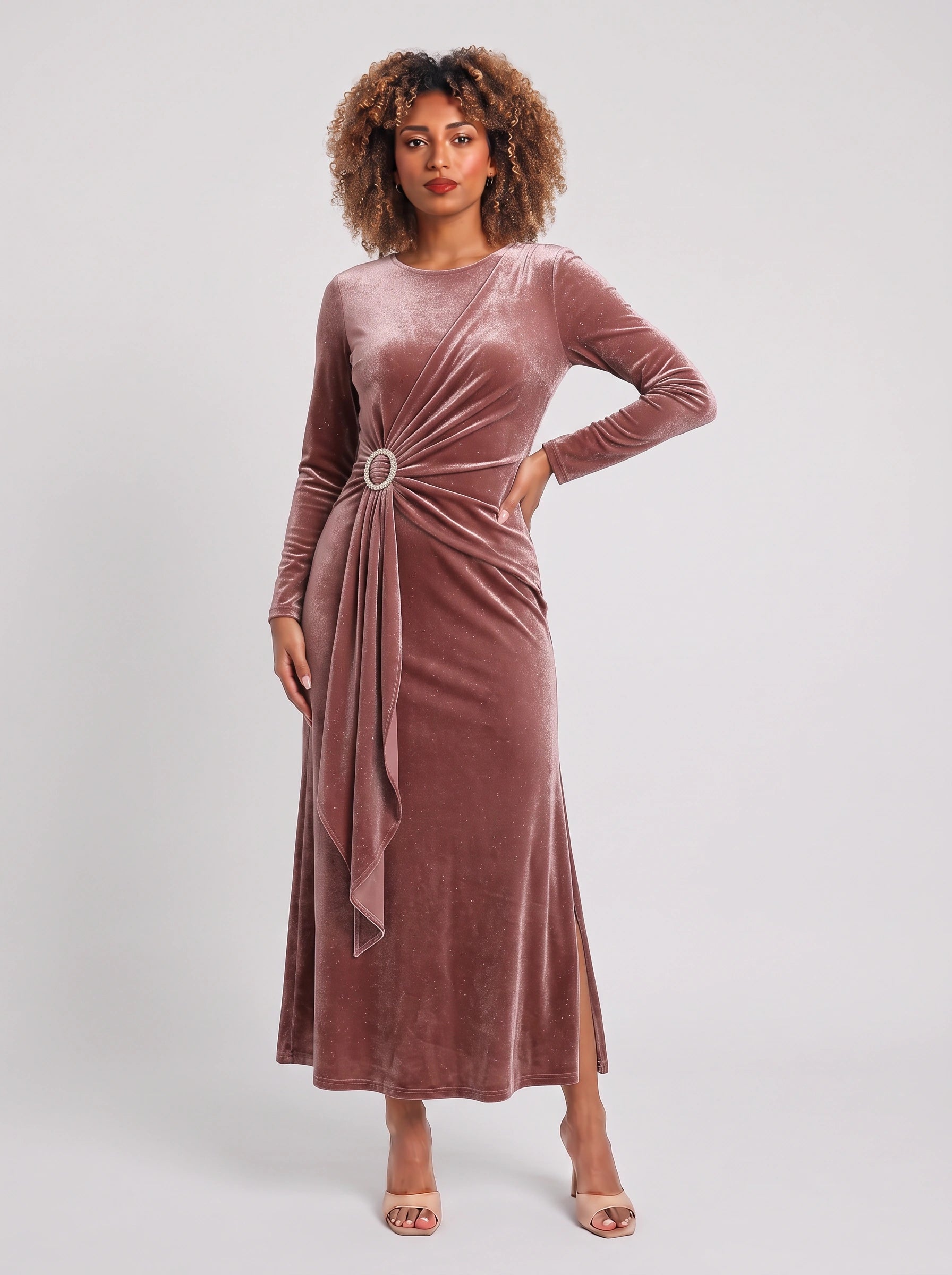 Robe longue Ondella drapée à boucle – Robe longue à manches longues, scintillante et brillante, pour femme, tenue formelle de soirée ou invitée à un mariage
