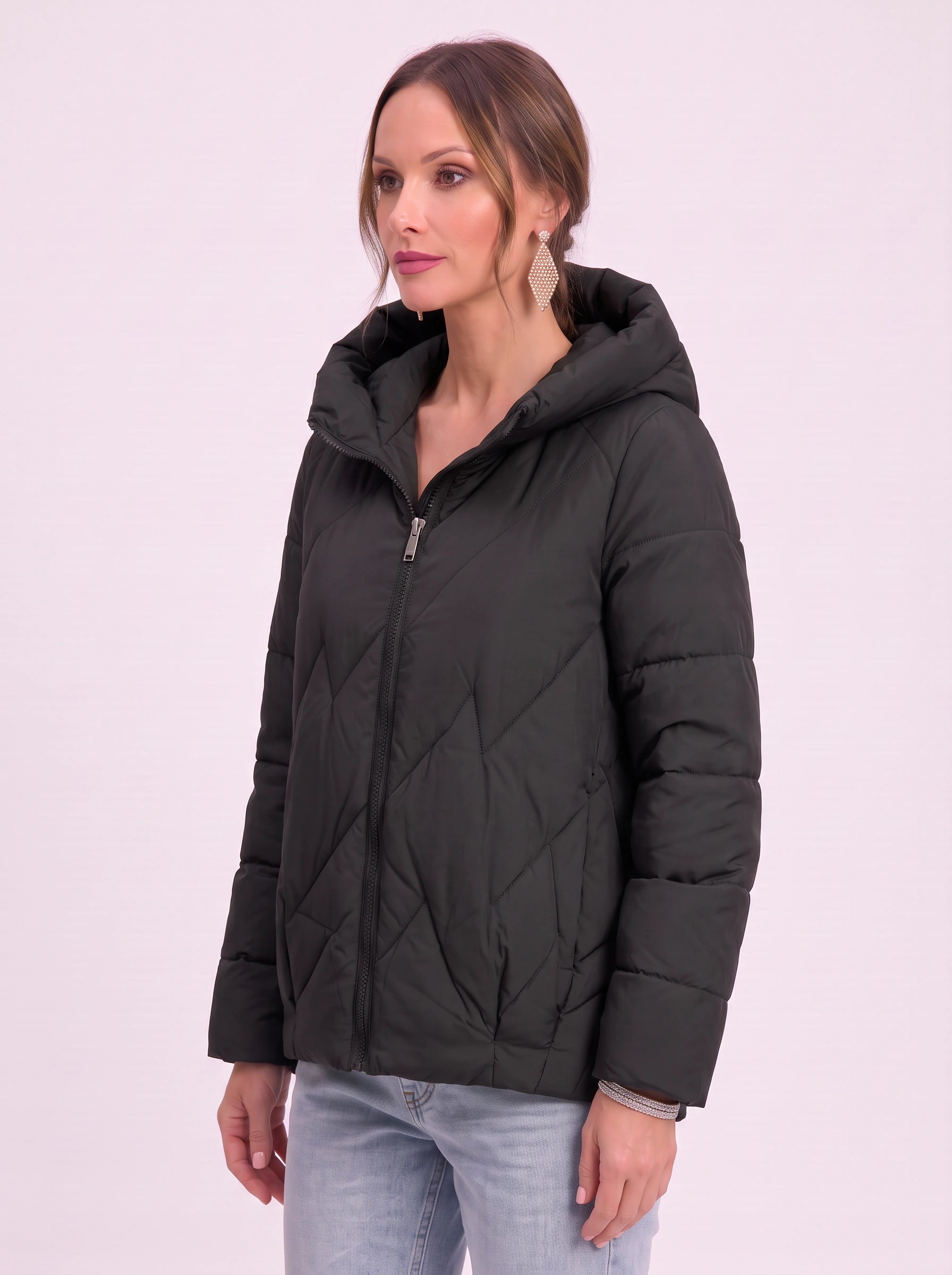 Manteau matelassé Quilva à col coussin – Veste matelassée pour femme, décontractée, courte, à fermeture zippée sur le devant, pour l’hiver et l’extérieur