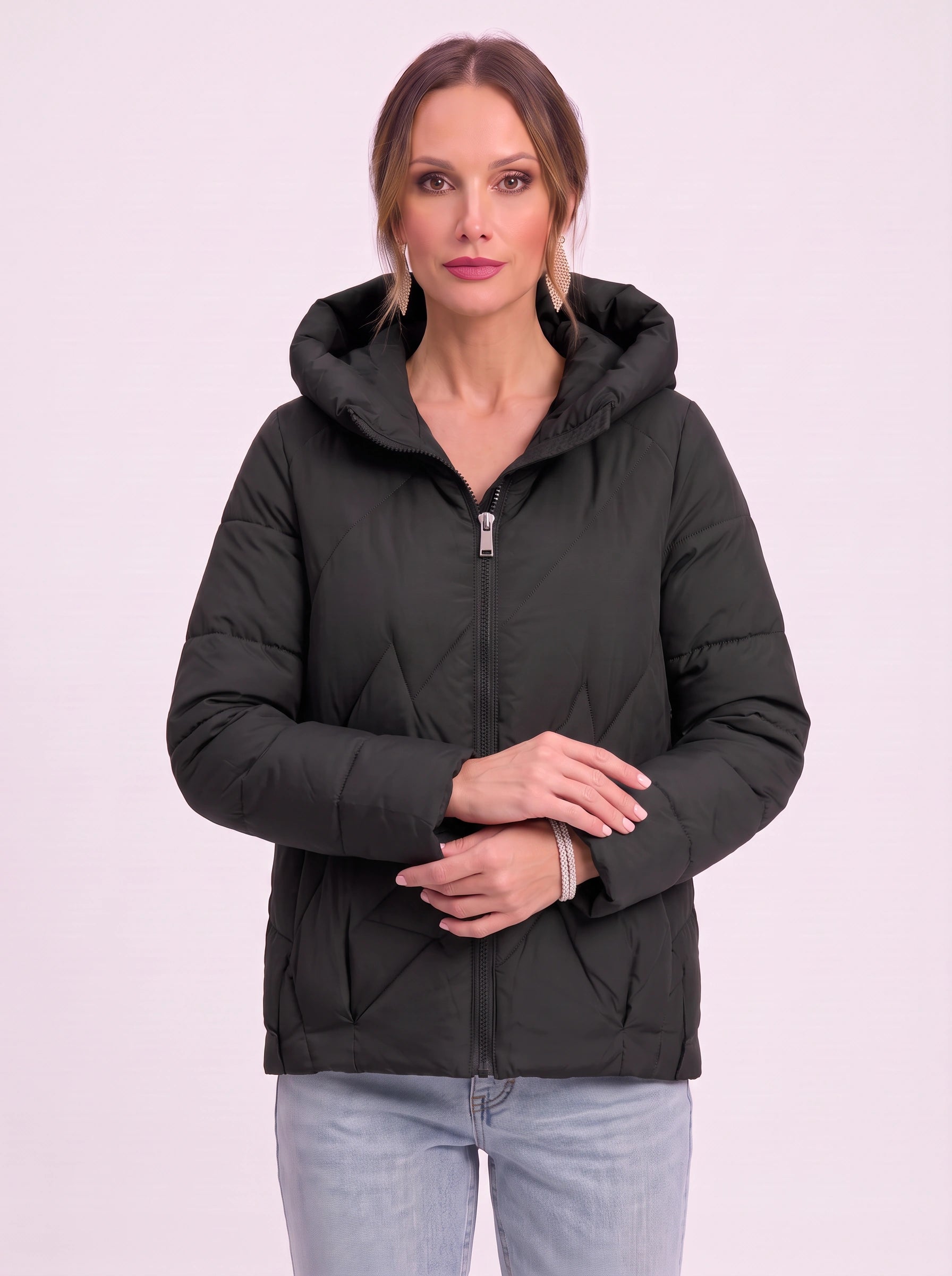 Manteau matelassé Quilva à col coussin – Veste matelassée pour femme, décontractée, courte, à fermeture zippée sur le devant, pour l’hiver et l’extérieur