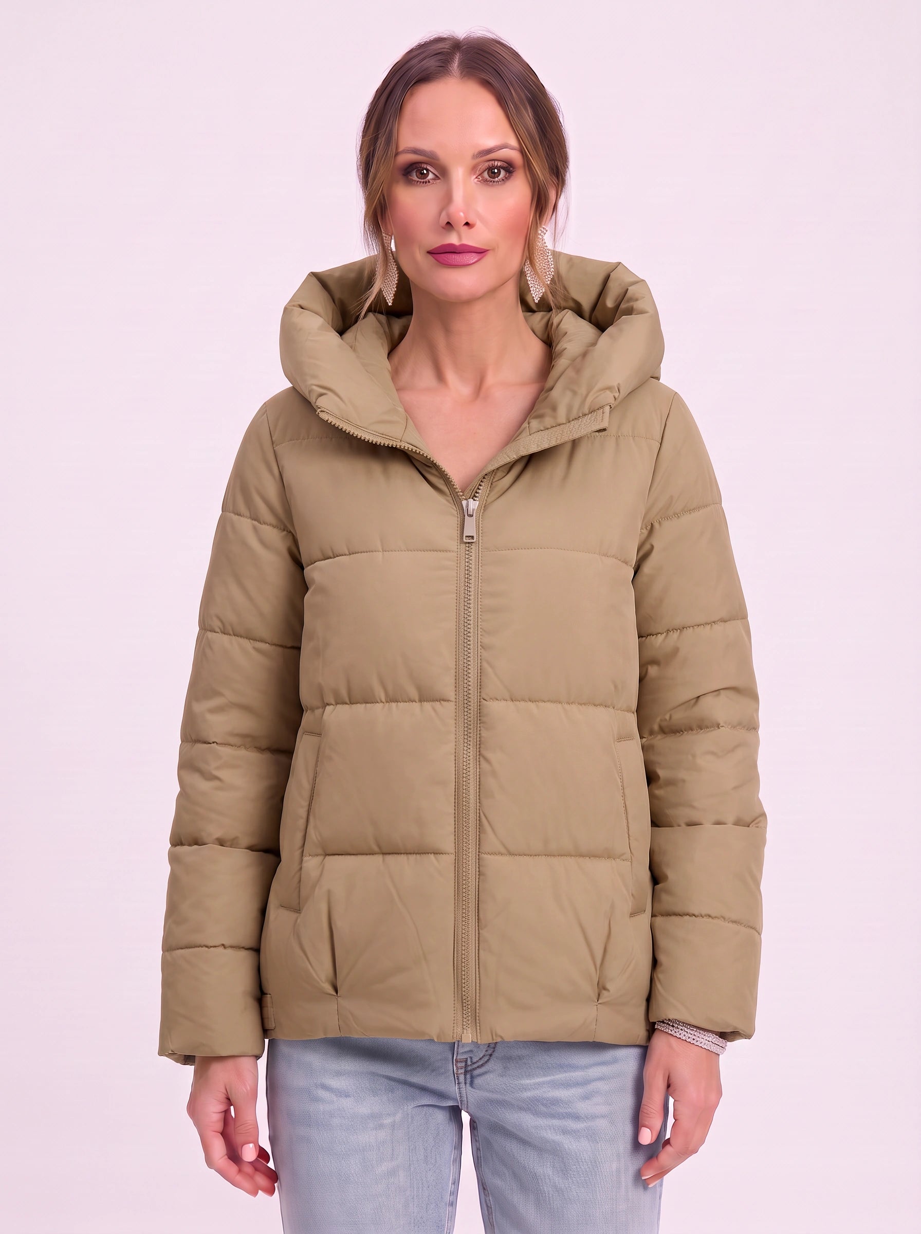 Manteau matelassé Quilva à col coussin – Veste matelassée pour femme, décontractée, courte, à fermeture zippée sur le devant, pour l’hiver et l’extérieur