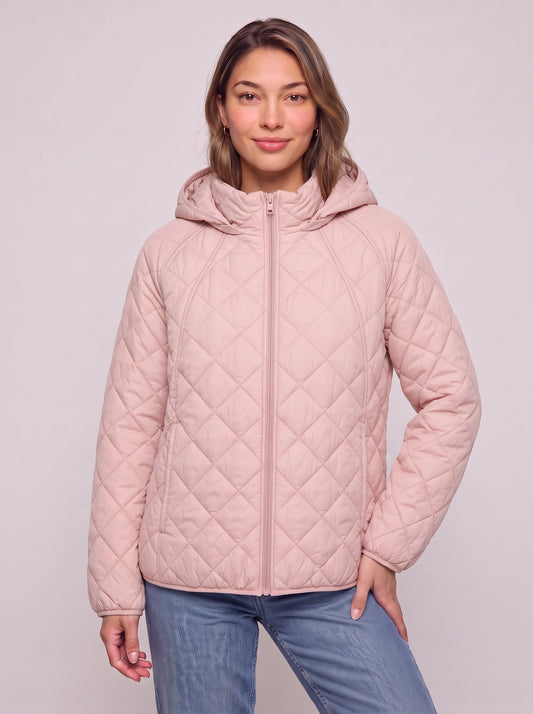Quiltrose Hooded Puffer Jacket – Blush Pink Quilted Diamond Stitch Women Hooded Lightweight Casual Puffer Jacket