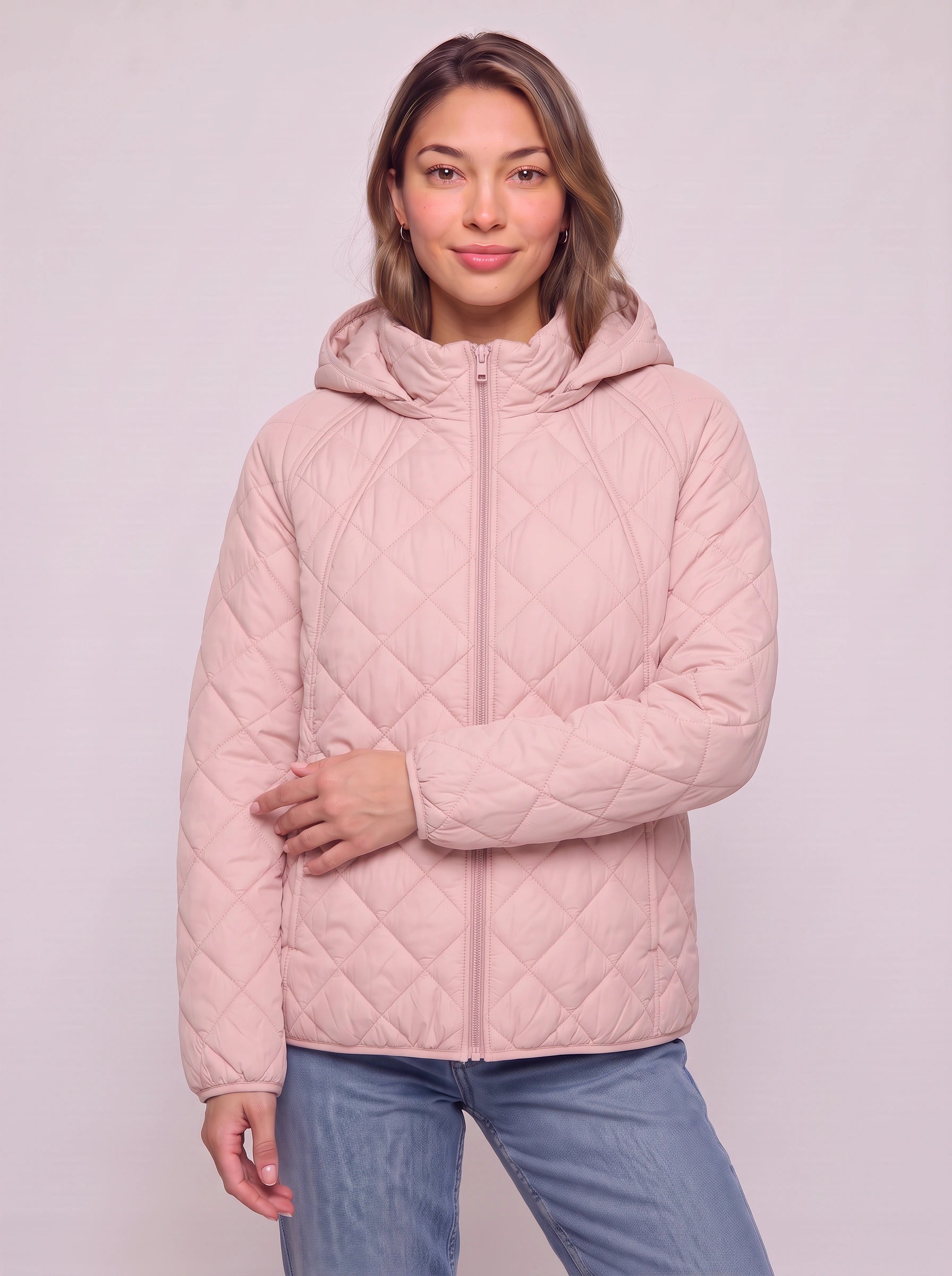 Quiltrose Hooded Puffer Jacket – Blush Pink Quilted Diamond Stitch Women Hooded Lightweight Casual Puffer Jacket