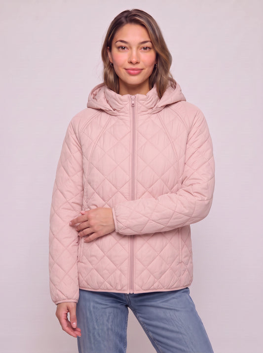 Quiltrose Hooded Puffer Jacket – Blush Pink Quilted Diamond Stitch Women Hooded Lightweight Casual Puffer Jacket