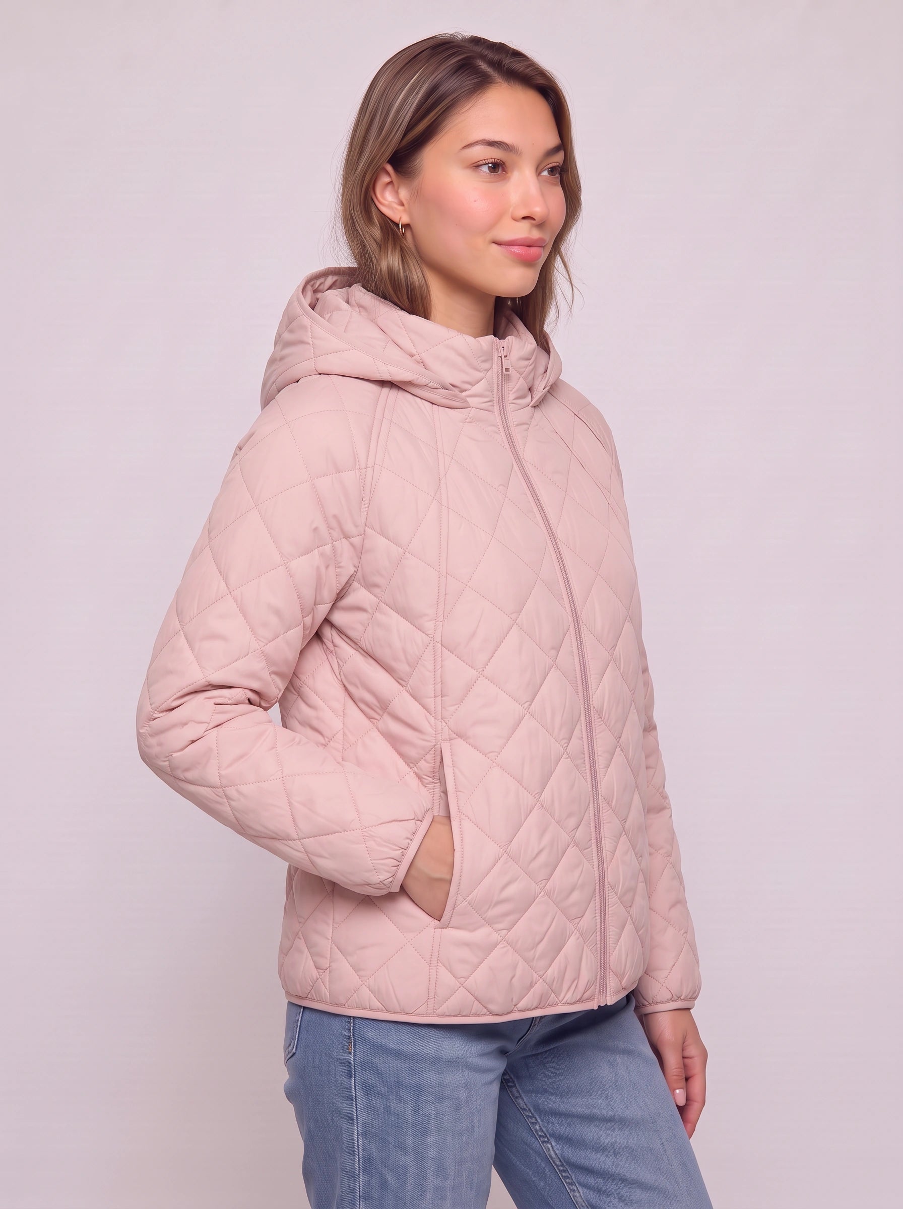 Quiltrose Hooded Puffer Jacket – Blush Pink Quilted Diamond Stitch Women Hooded Lightweight Casual Puffer Jacket