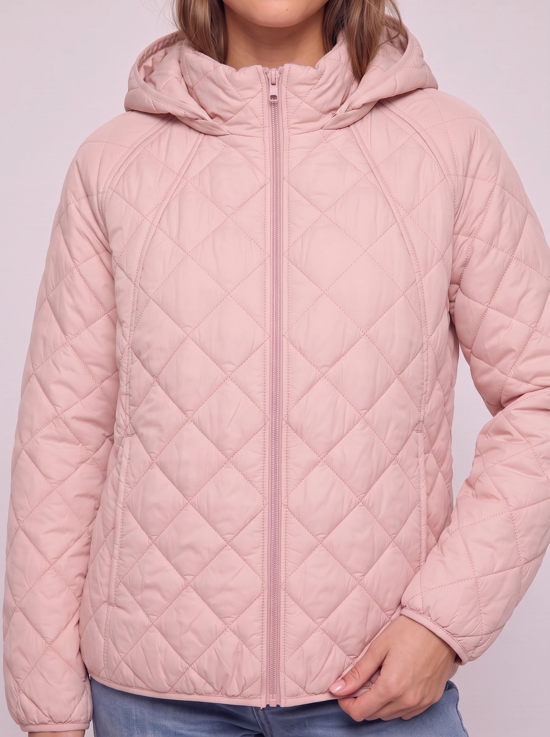 Quiltrose Hooded Puffer Jacket – Blush Pink Quilted Diamond Stitch Women Hooded Lightweight Casual Puffer Jacket