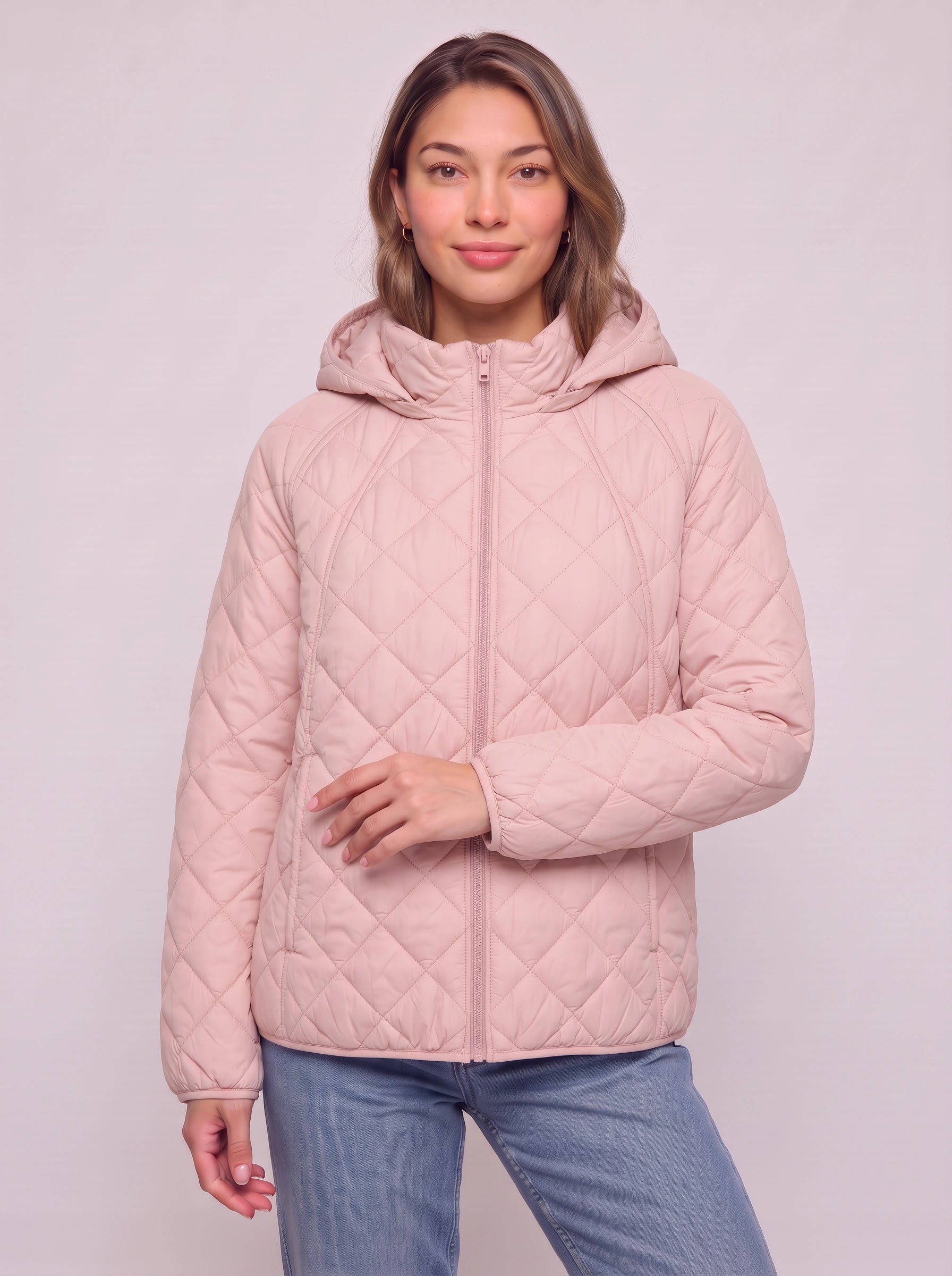 Quiltrose Hooded Puffer Jacket – Blush Pink Quilted Diamond Stitch Women Hooded Lightweight Casual Puffer Jacket