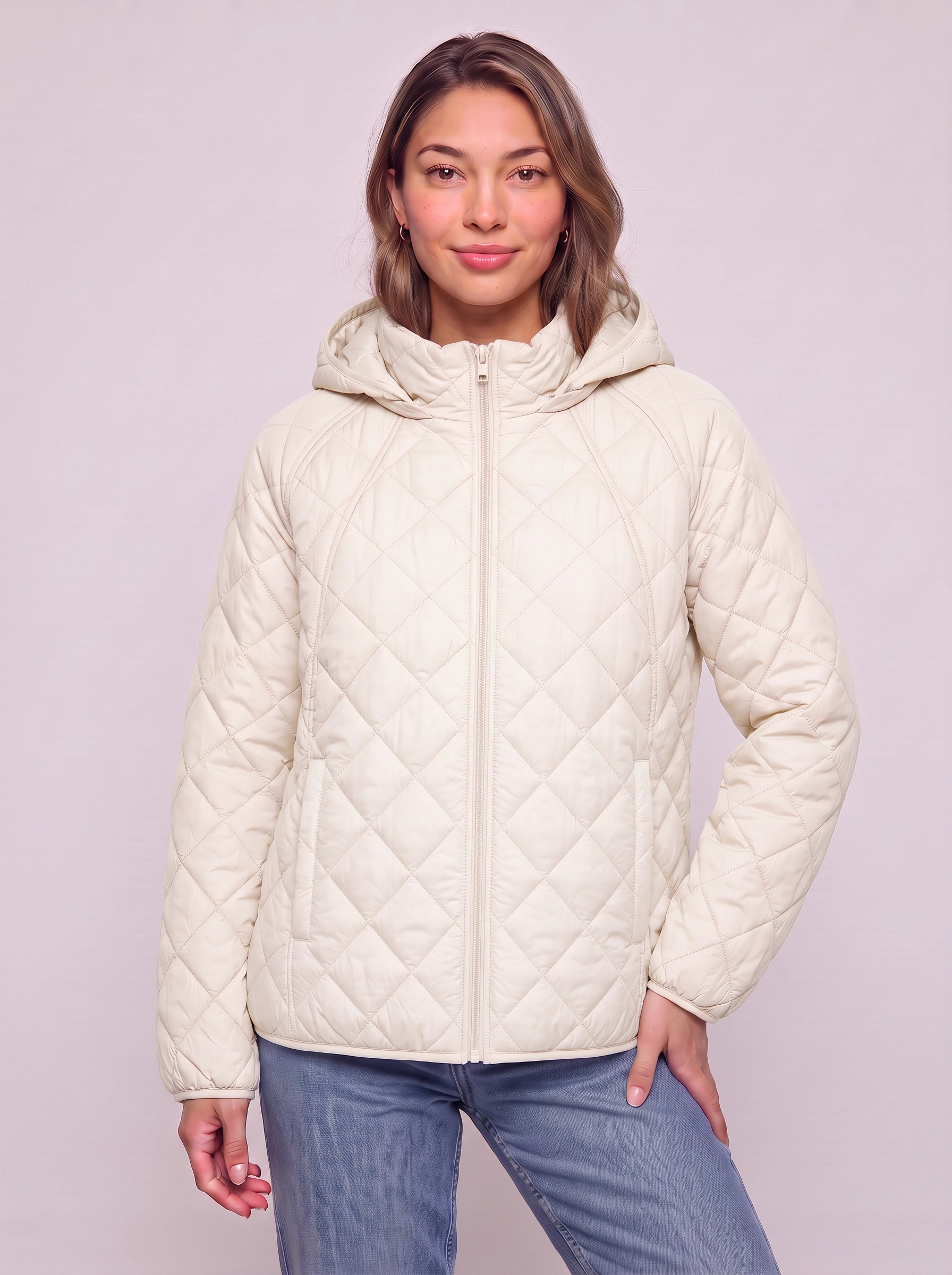 Quiltrose Hooded Puffer Jacket – Blush Pink Quilted Diamond Stitch Women Hooded Lightweight Casual Puffer Jacket