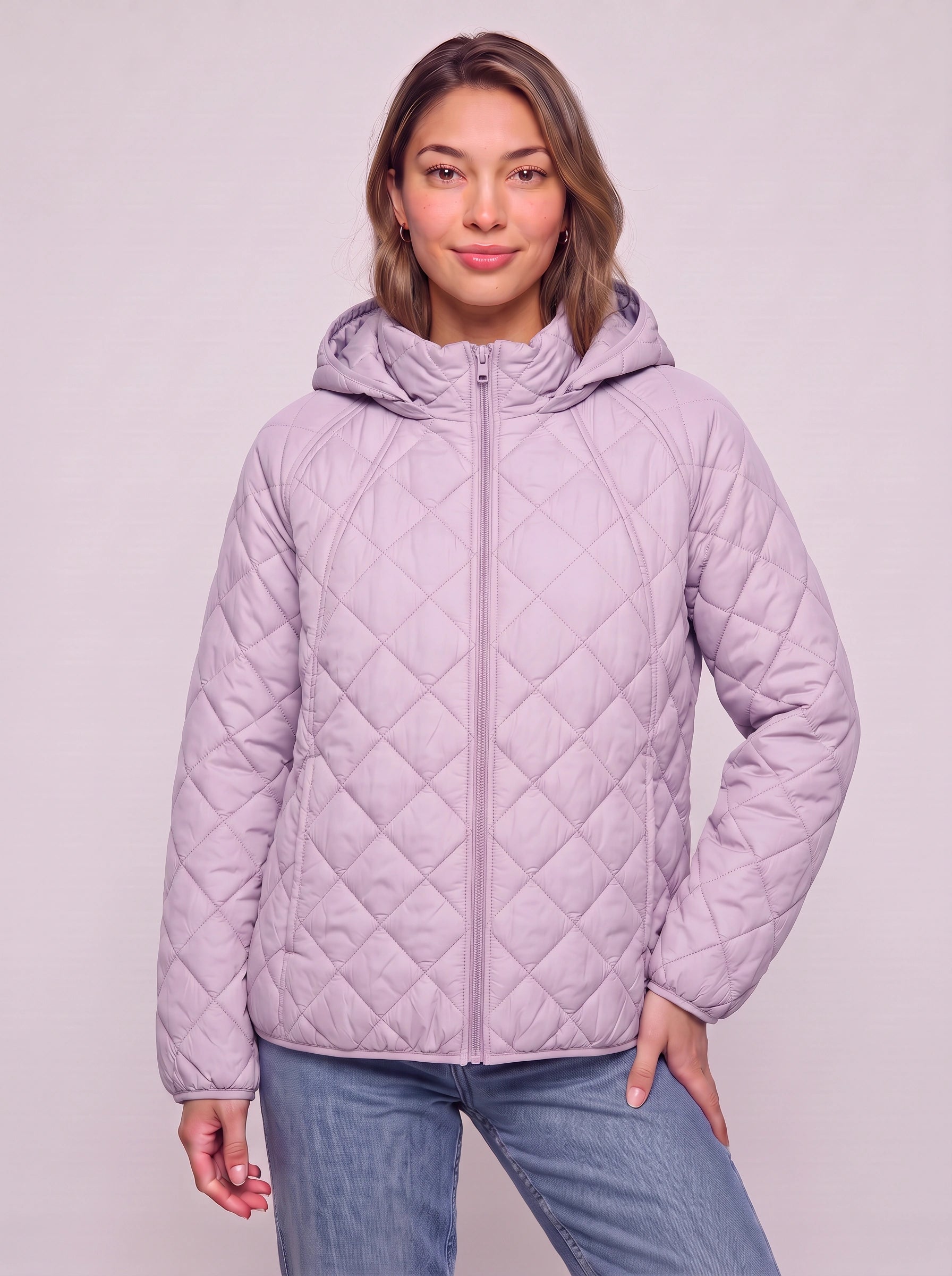 Quiltrose Hooded Puffer Jacket – Blush Pink Quilted Diamond Stitch Women Hooded Lightweight Casual Puffer Jacket