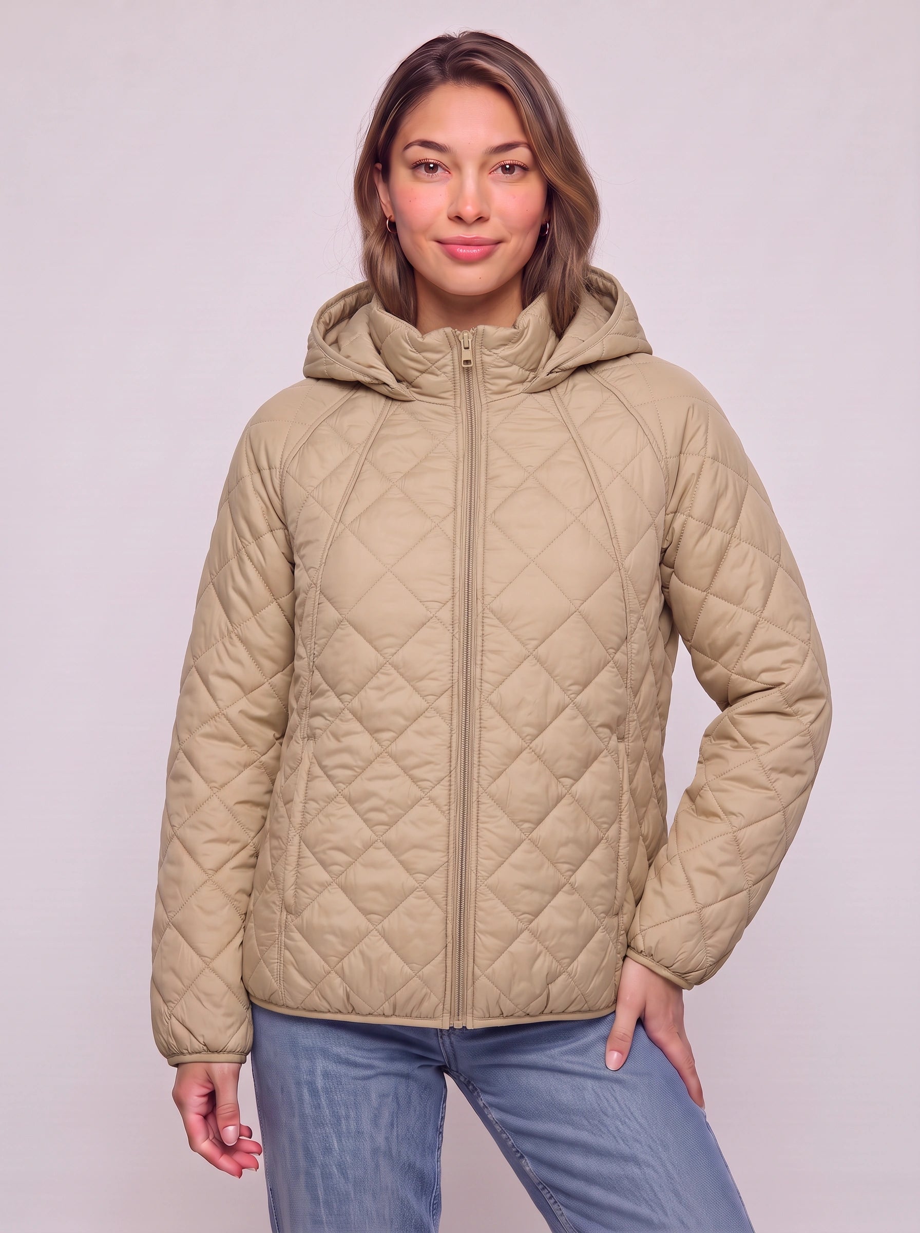 Quiltrose Hooded Puffer Jacket – Blush Pink Quilted Diamond Stitch Women Hooded Lightweight Casual Puffer Jacket