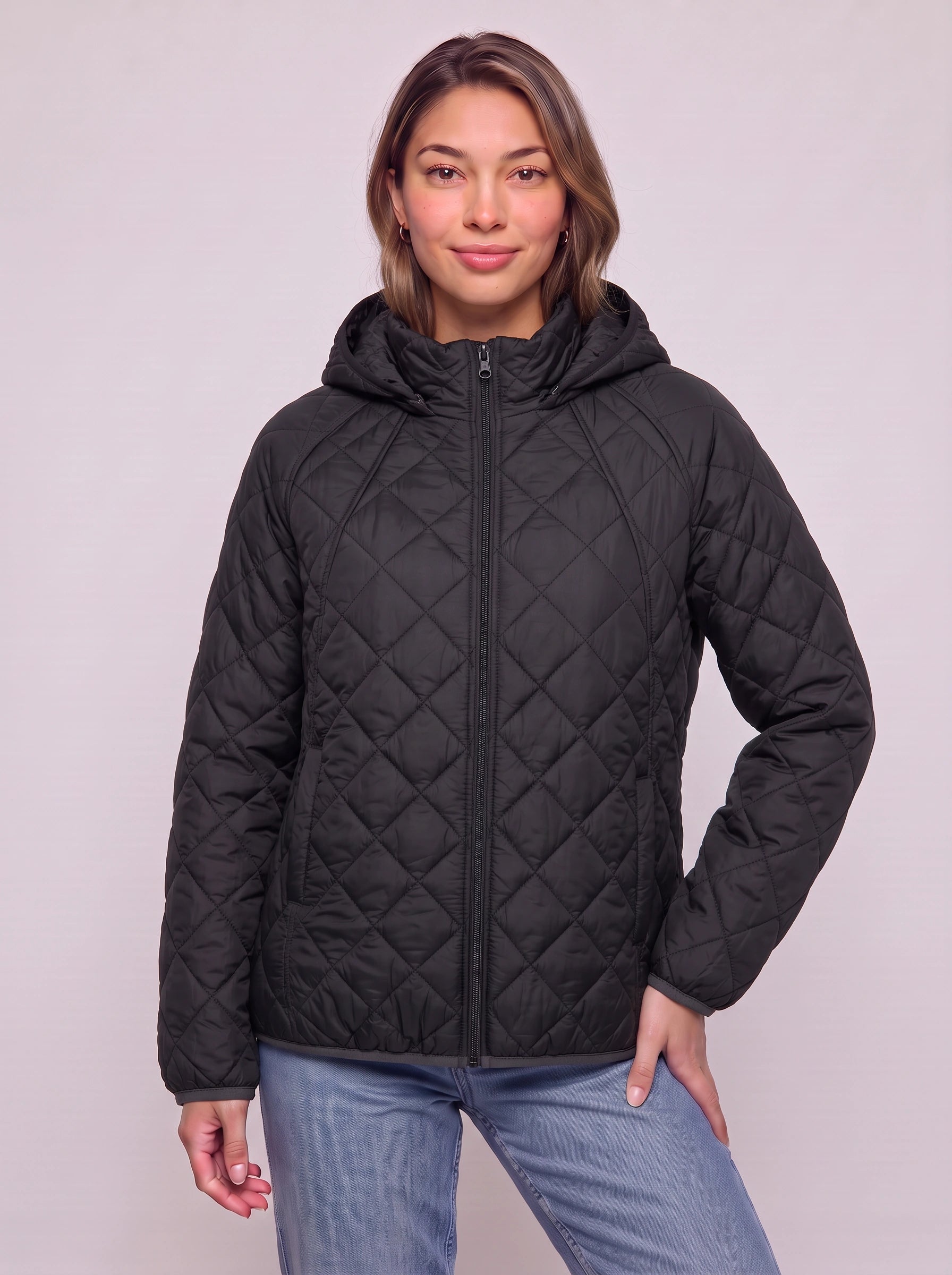 Quiltrose Hooded Puffer Jacket – Blush Pink Quilted Diamond Stitch Women Hooded Lightweight Casual Puffer Jacket