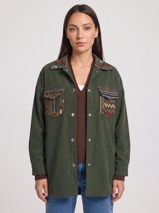 Chevria Embroidered Corduroy Shacket – Olive Green Oversized Jacket Women Fall Boho Aztec Tribal