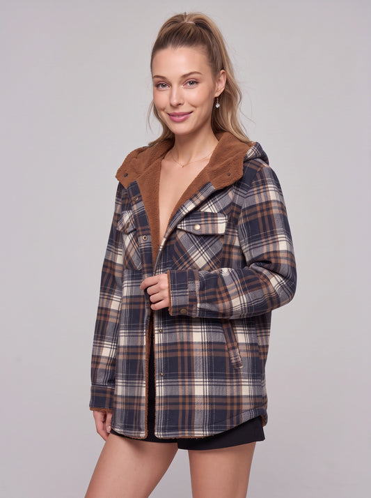 Caldrin Sherpa-Lined Hooded Shacket – Plaid Flannel Shirt Women Oversized Fall Jacket Ladies Navy Brown