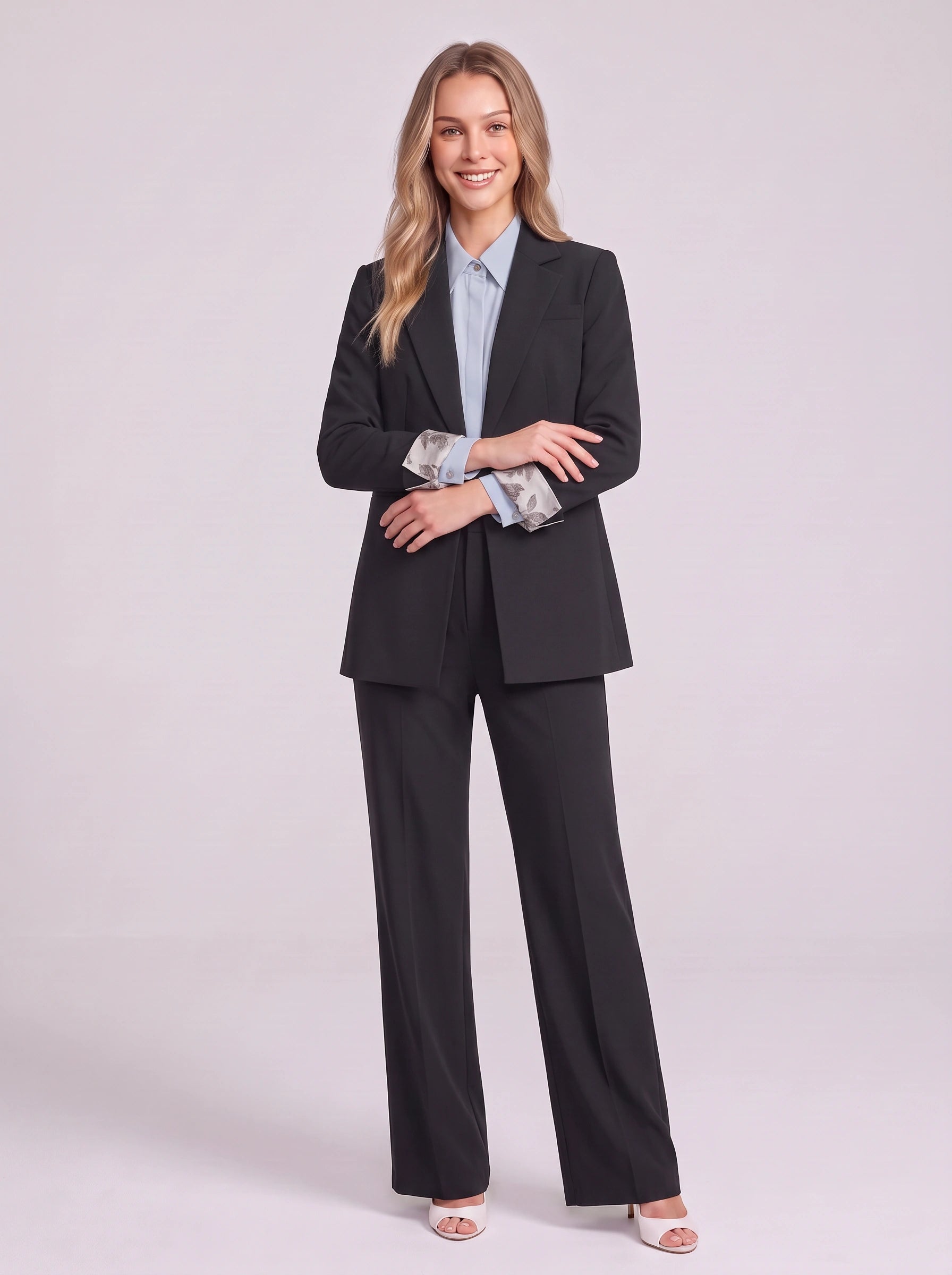Ensemble blazer pantalon long à bouton unique Lineare - Costume d'affaires trois pièces pour femmes, tenue professionnelle de bureau, ensemble blazer ajusté