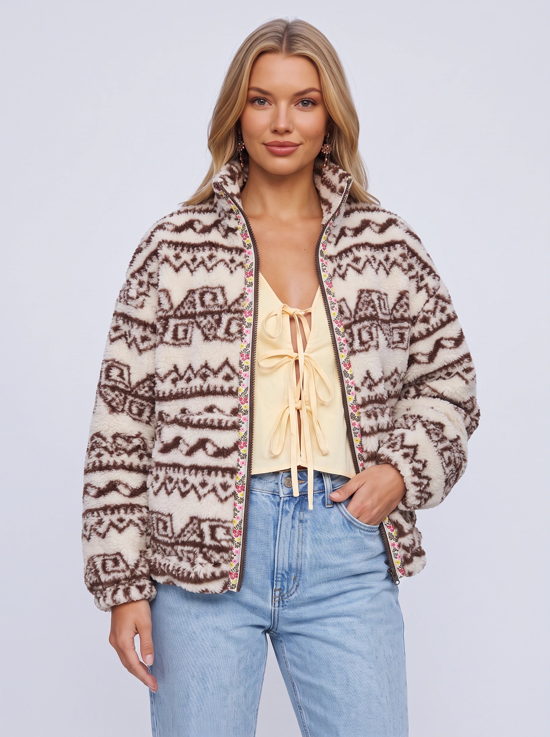 Veste polaire à motifs géométriques Tribalux - Veste décontractée zippée pour femmes, style aztèque rétro d'automne, marron et crème
