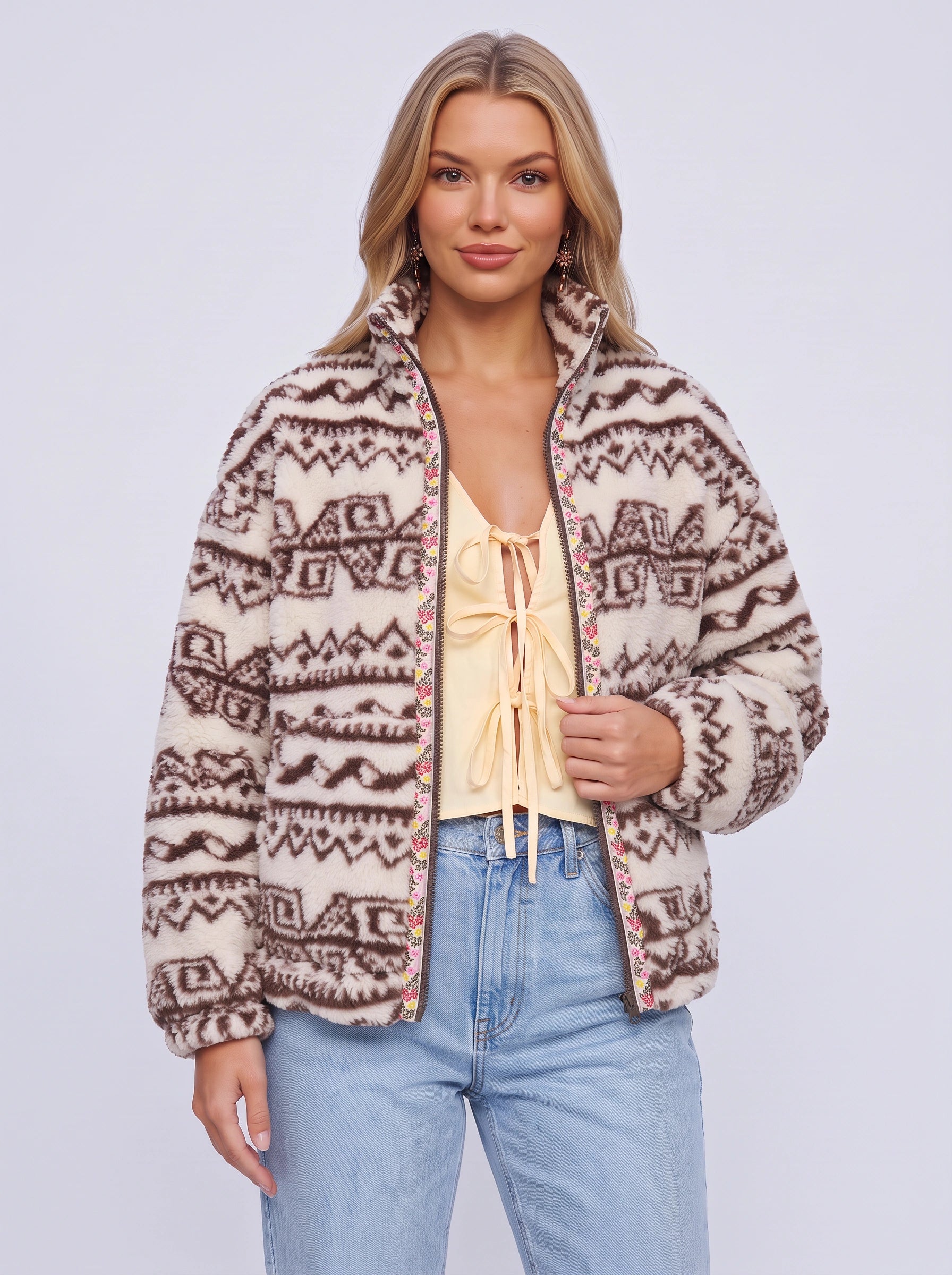 Veste polaire à motifs géométriques Tribalux - Veste décontractée zippée pour femmes, style aztèque rétro d'automne, marron et crème