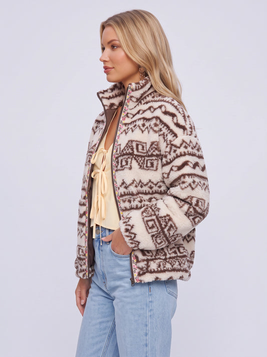 Tribalux Geometric Patterned Fleece Jacket – Women Fall Retro Aztec Brown Cream Zip Up Casual Jacket