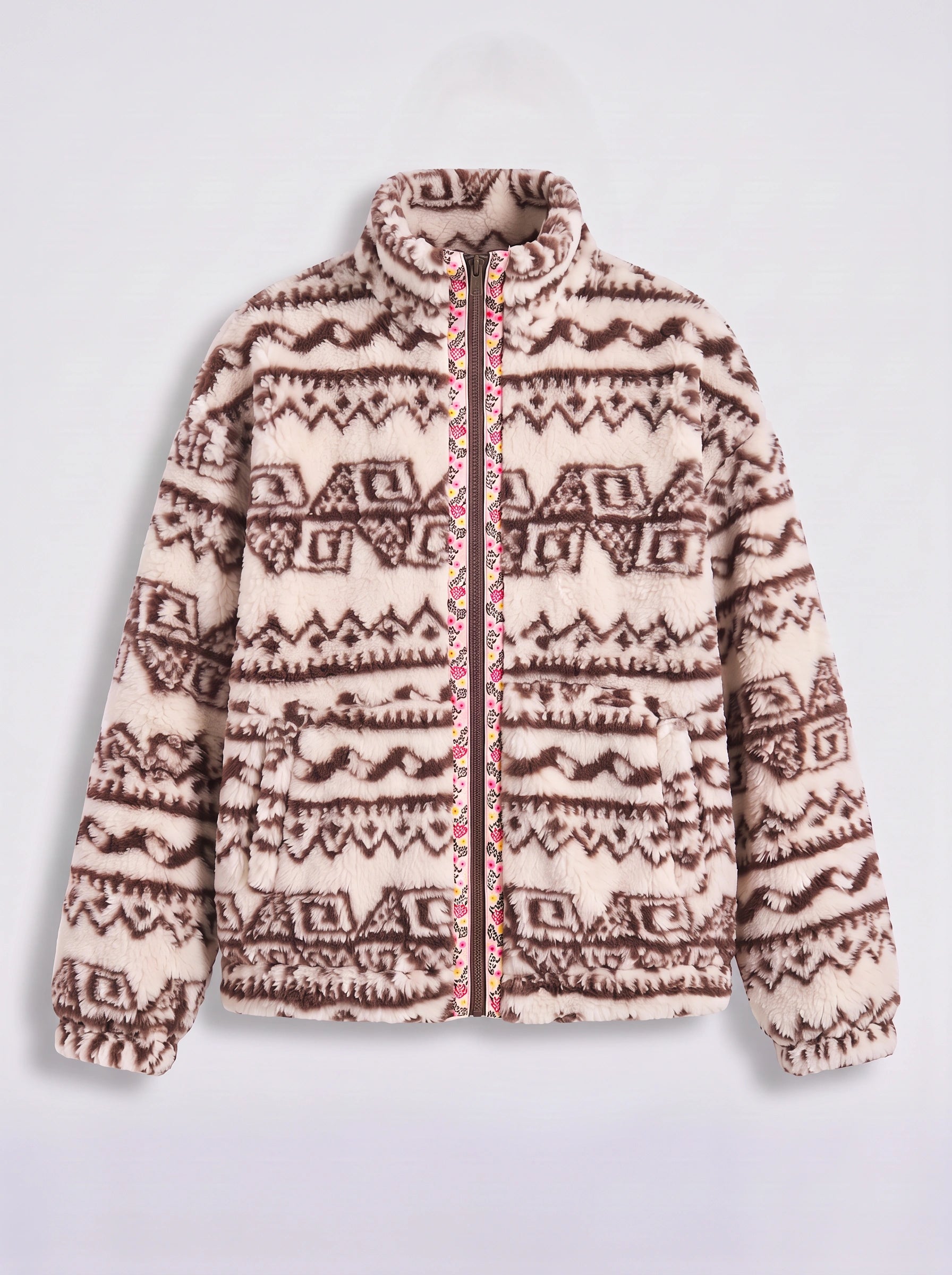 Veste polaire à motifs géométriques Tribalux - Veste décontractée zippée pour femmes, style aztèque rétro d'automne, marron et crème