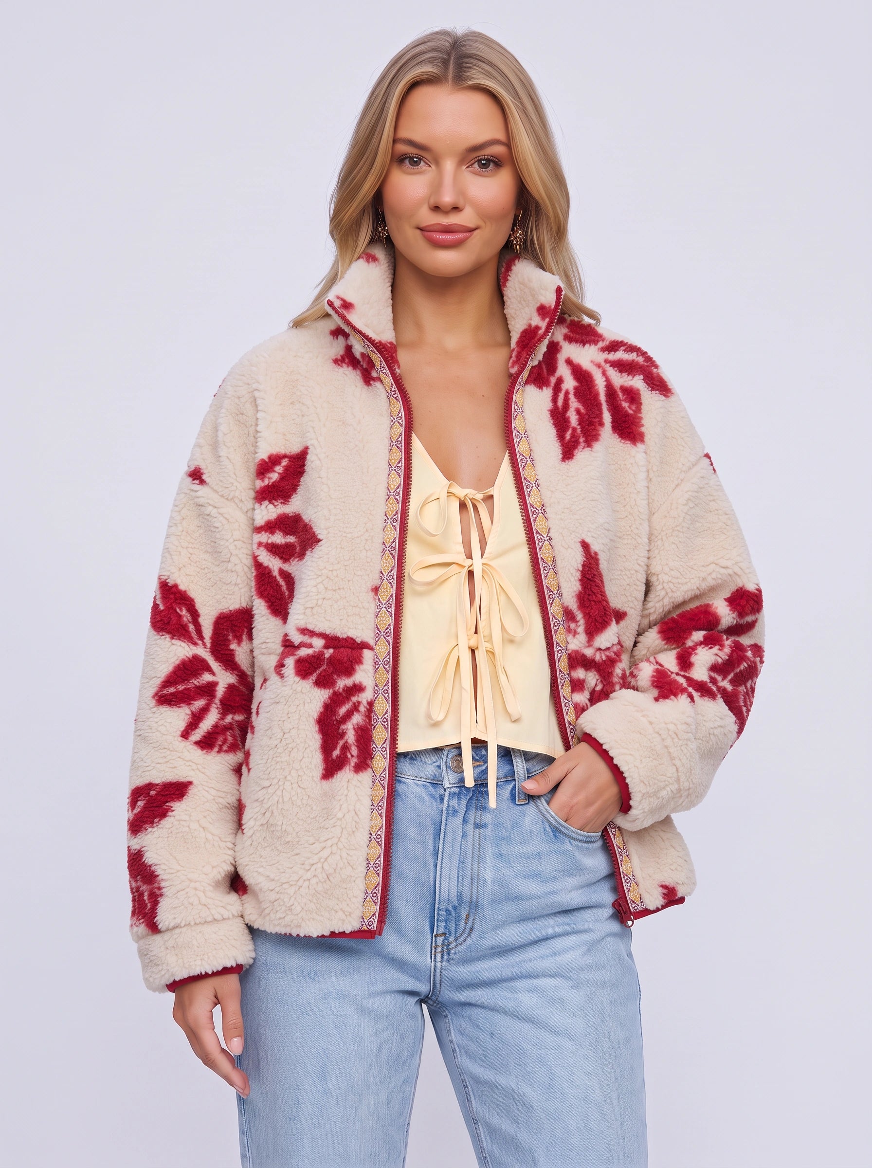 Veste polaire à motifs géométriques Tribalux - Veste décontractée zippée pour femmes, style aztèque rétro d'automne, marron et crème