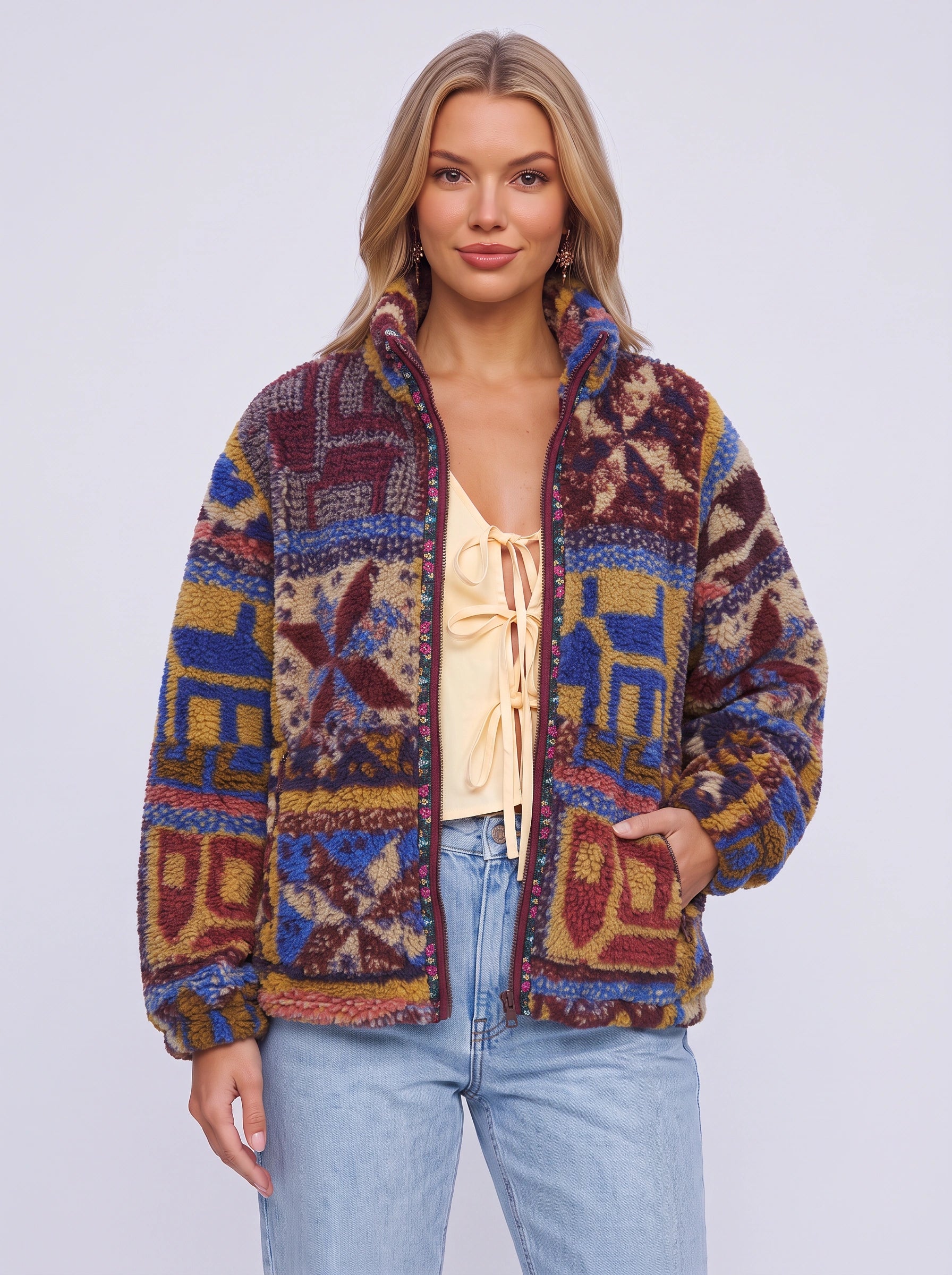 Veste polaire à motifs géométriques Tribalux - Veste décontractée zippée pour femmes, style aztèque rétro d'automne, marron et crème