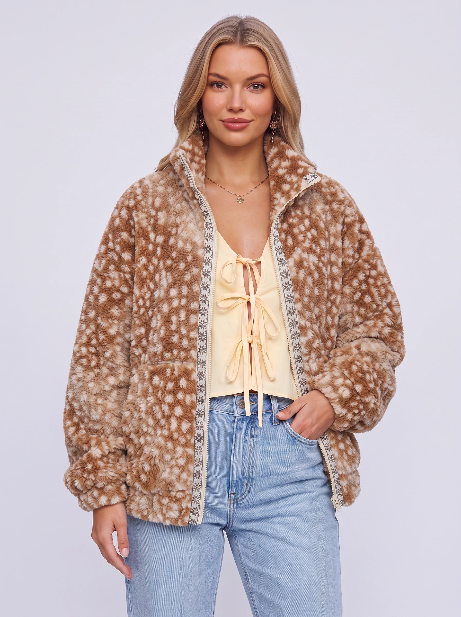 Veste polaire à motifs géométriques Tribalux - Veste décontractée zippée pour femmes, style aztèque rétro d'automne, marron et crème