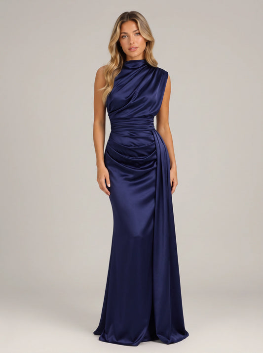 Robe longue drapée asymétrique Noctisse - Robe longue en satin bleu marine pour femmes, tenue de soirée formelle, invitée à un mariage