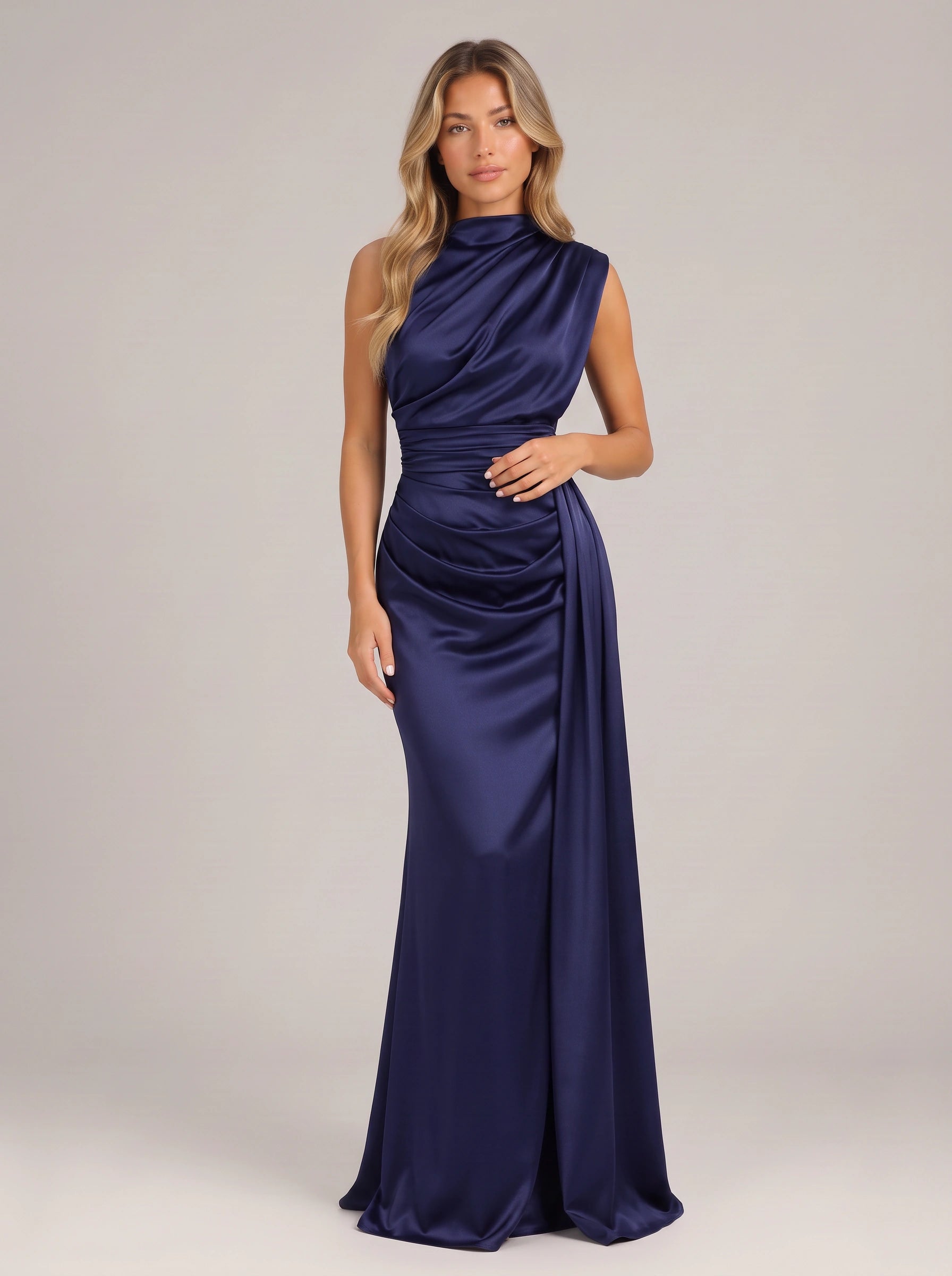 Noctisse One-Shoulder Draped Maxi Dress – Satin Evening Women Formal Wedding Guest Navy Blue Maxi Dress