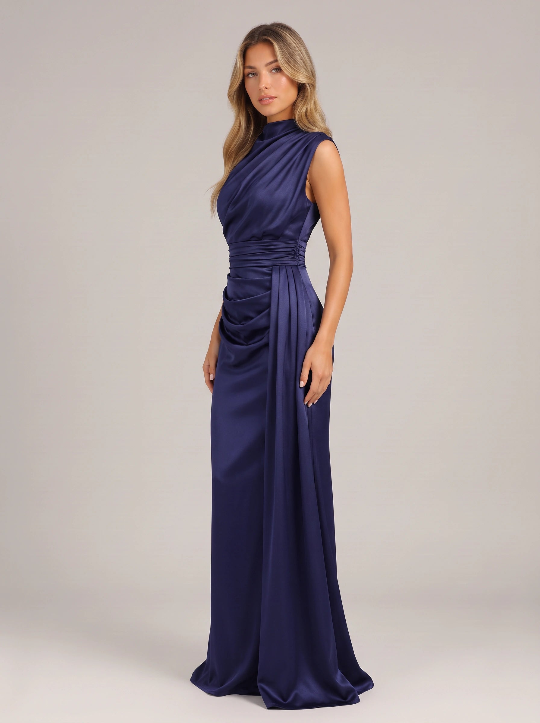 Noctisse One-Shoulder Draped Maxi Dress – Satin Evening Women Formal Wedding Guest Navy Blue Maxi Dress