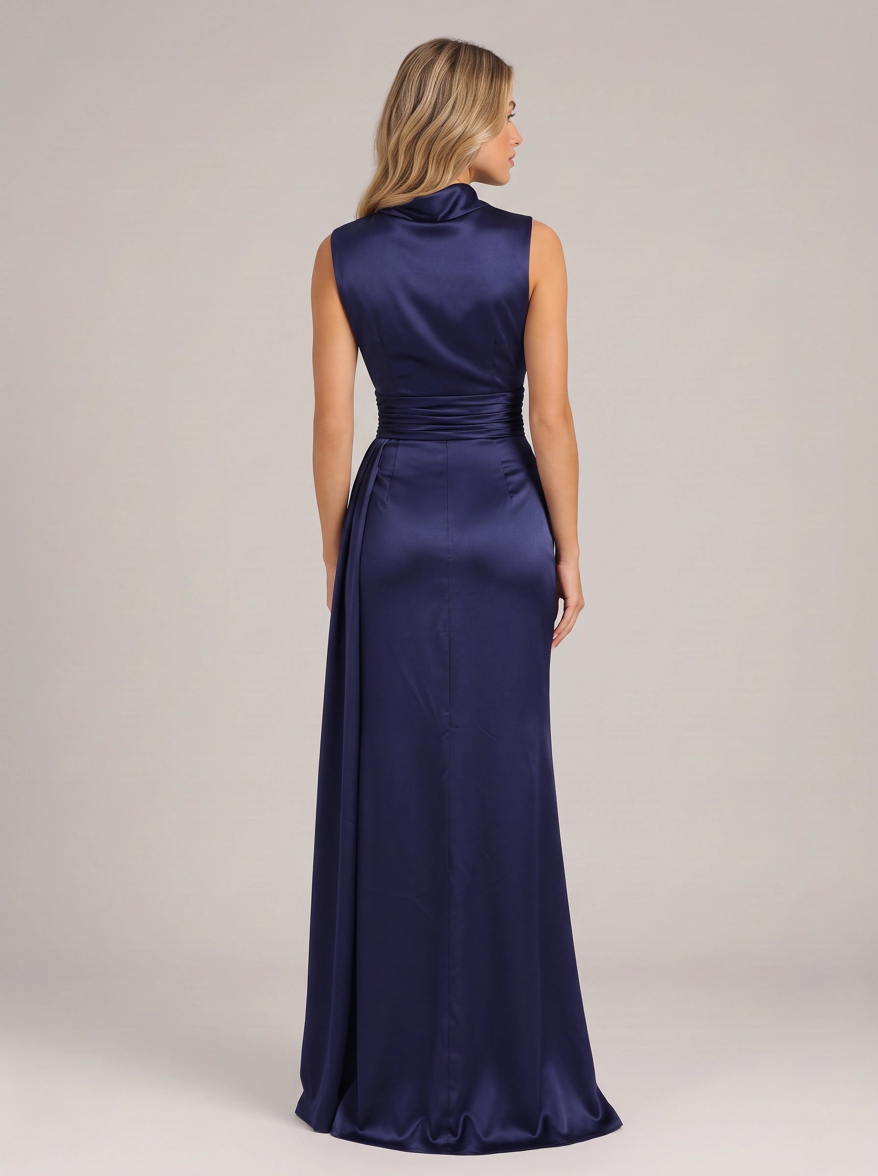 Noctisse One-Shoulder Draped Maxi Dress – Satin Evening Women Formal Wedding Guest Navy Blue Maxi Dress