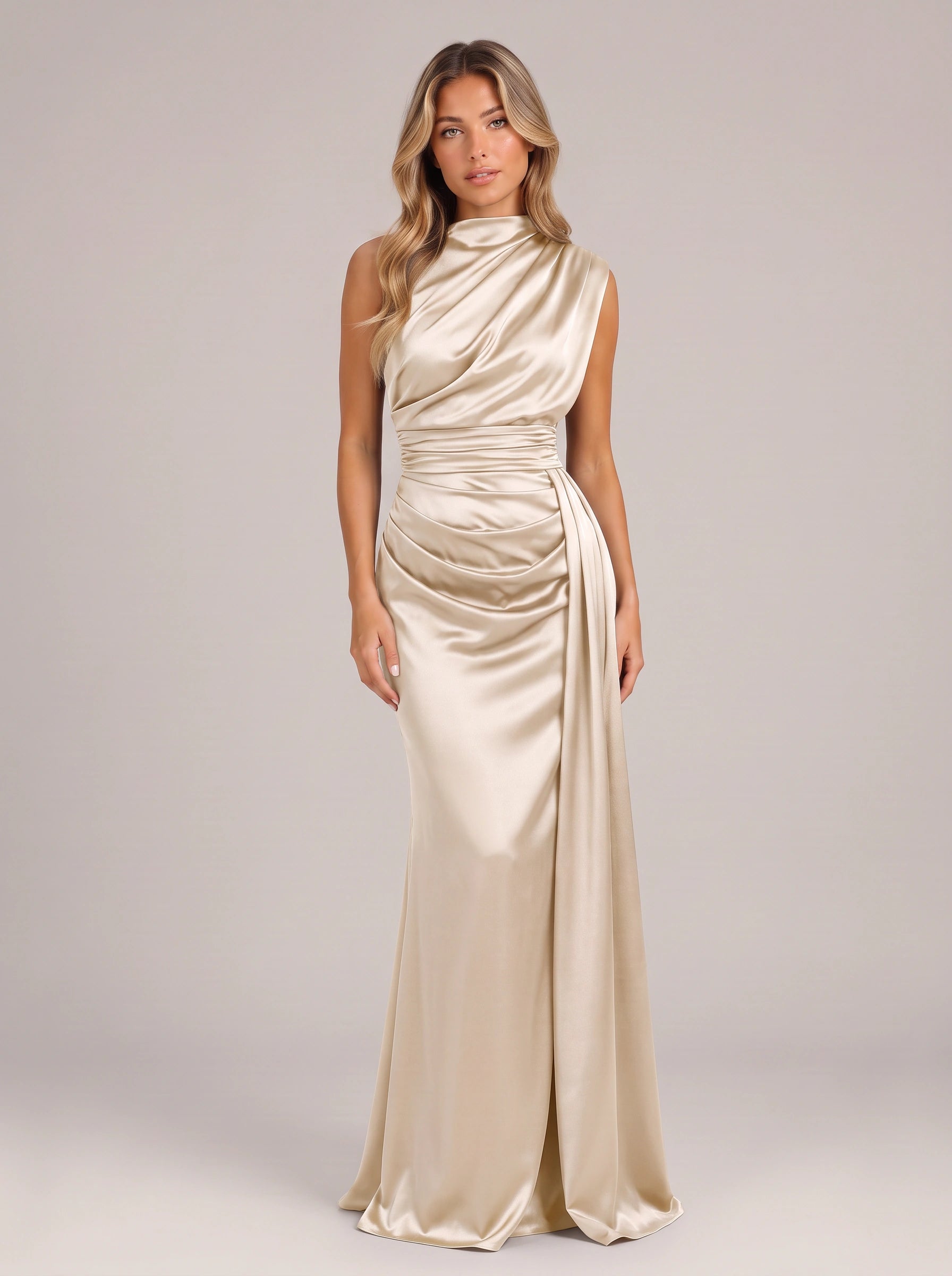 Noctisse One-Shoulder Draped Maxi Dress – Satin Evening Women Formal Wedding Guest Navy Blue Maxi Dress