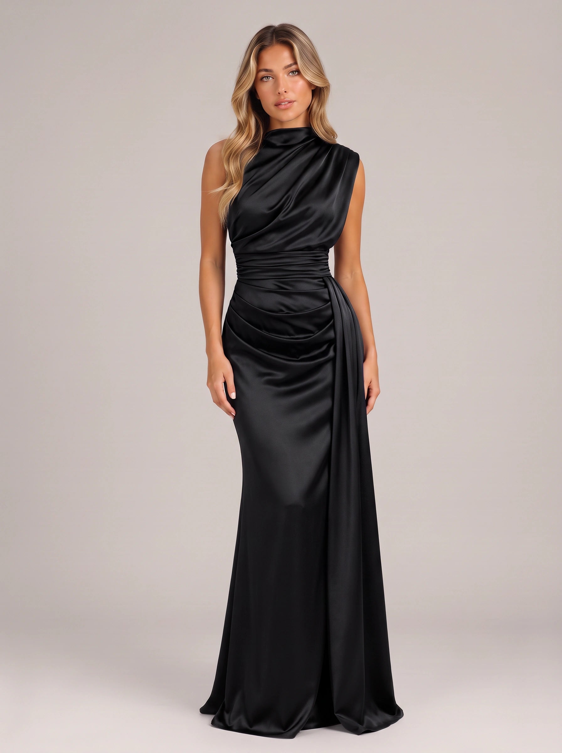 Noctisse One-Shoulder Draped Maxi Dress – Satin Evening Women Formal Wedding Guest Navy Blue Maxi Dress