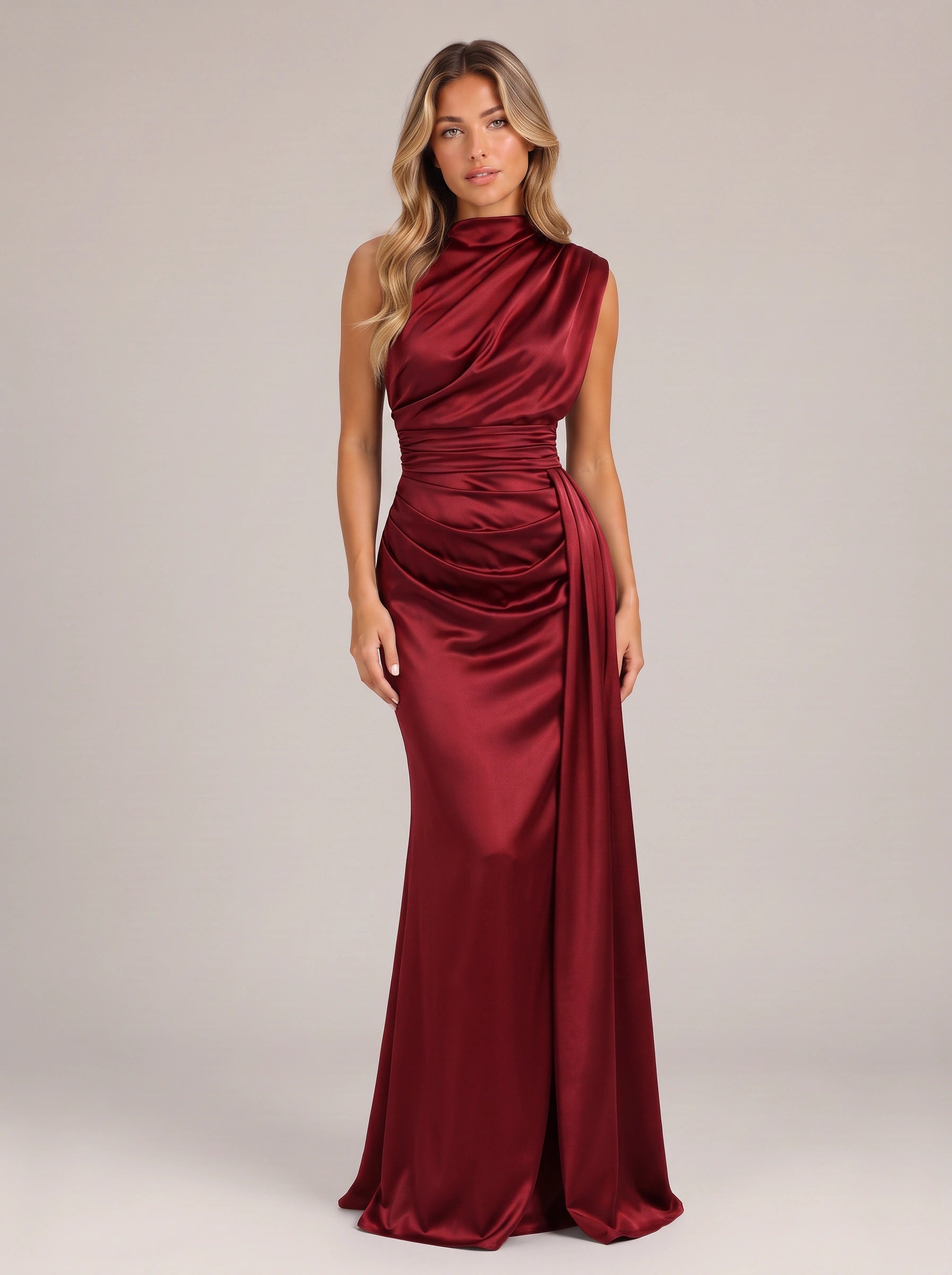 Noctisse One-Shoulder Draped Maxi Dress – Satin Evening Women Formal Wedding Guest Navy Blue Maxi Dress
