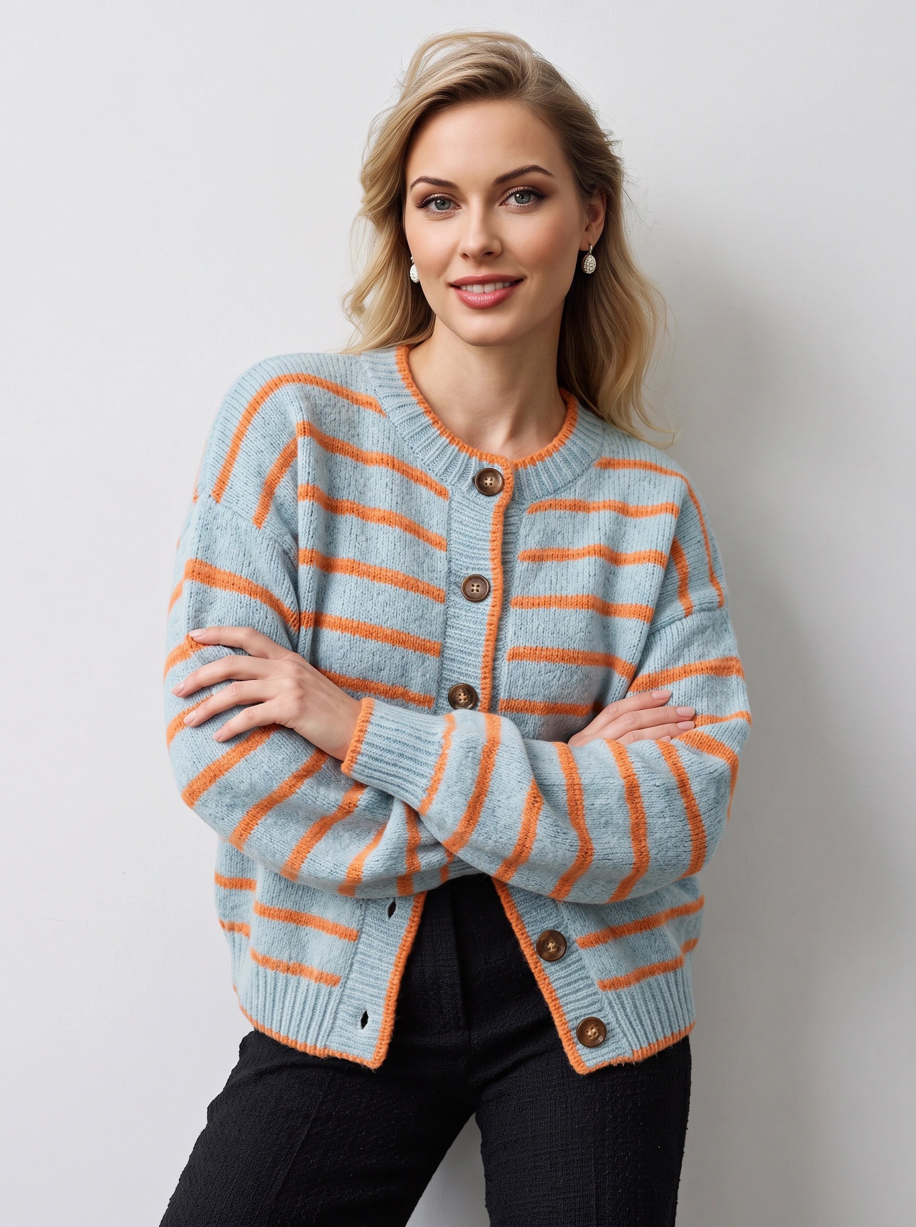Rilynth Striped Button-Front Cardigan – Sweater Women Blue Orange Retro Fall Casual Knit Cardigan