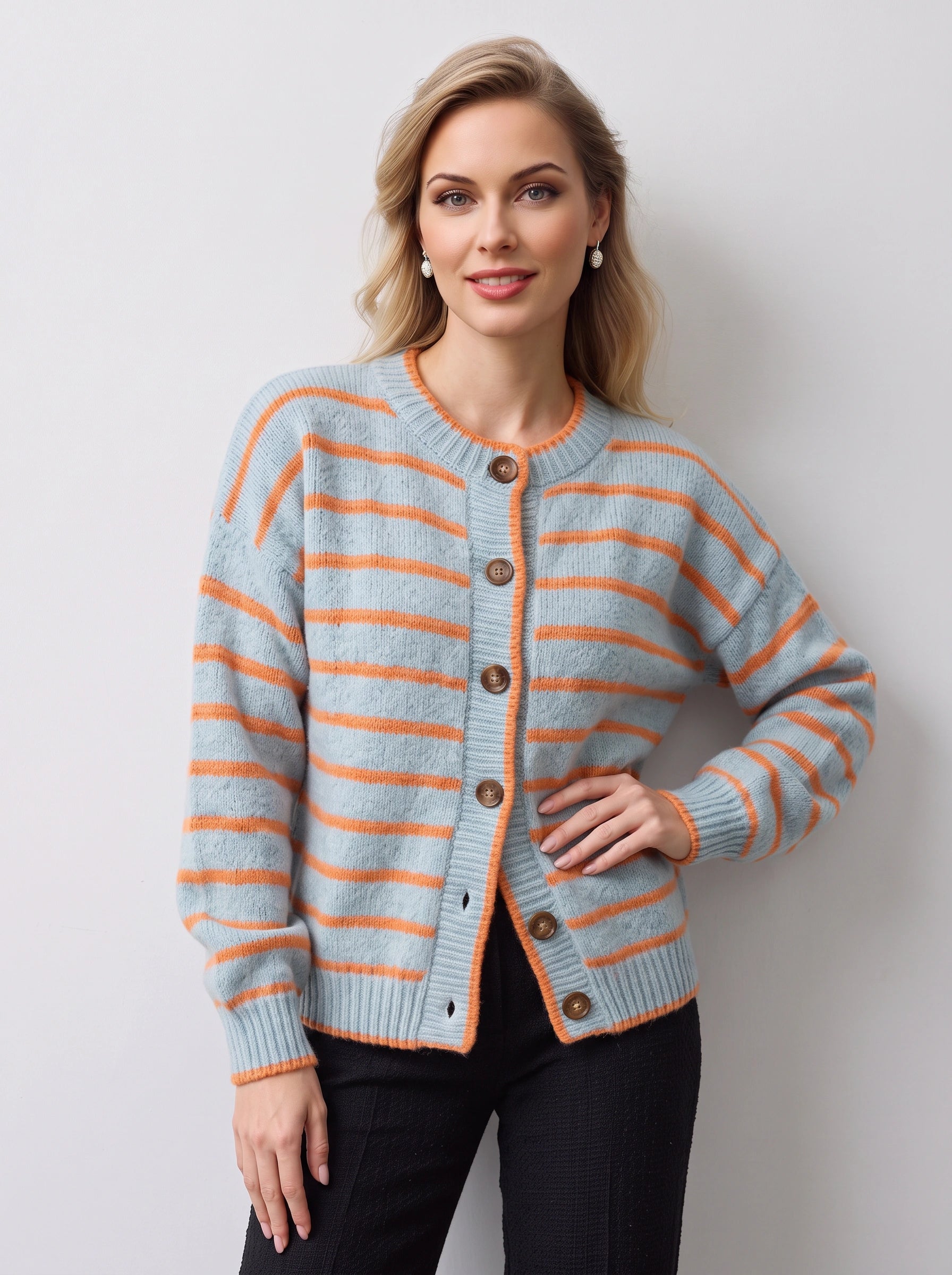 Rilynth Striped Button-Front Cardigan – Sweater Women Blue Orange Retro Fall Casual Knit Cardigan
