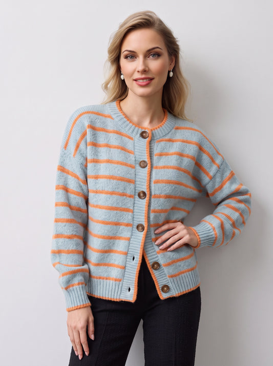 Rilynth Striped Button-Front Cardigan – Sweater Women Blue Orange Retro Fall Casual Knit Cardigan
