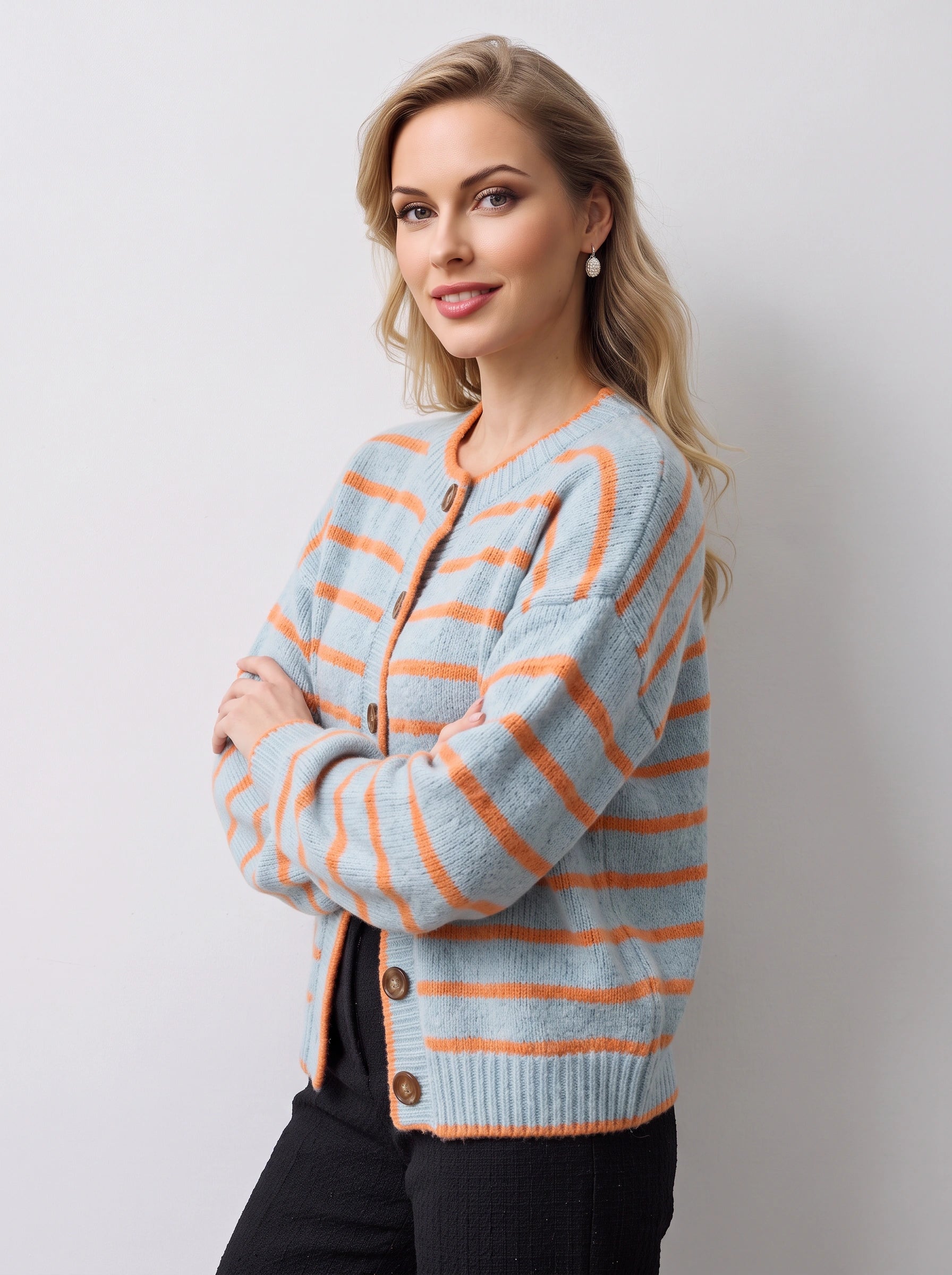 Rilynth Striped Button-Front Cardigan – Sweater Women Blue Orange Retro Fall Casual Knit Cardigan