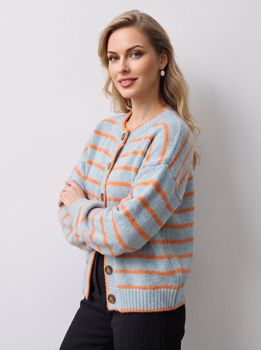 Rilynth Striped Button-Front Cardigan – Sweater Women Blue Orange Retro Fall Casual Knit Cardigan