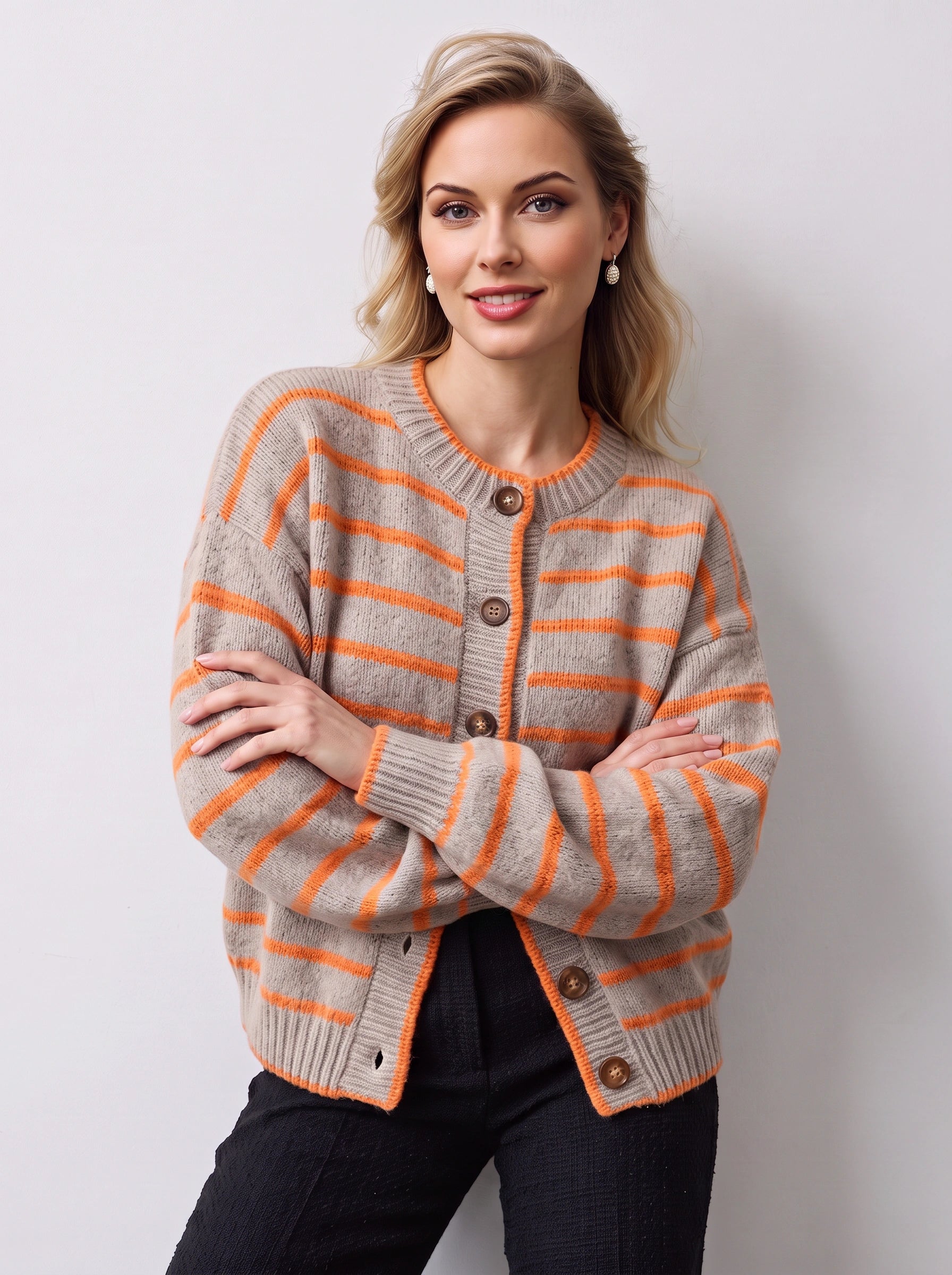 Rilynth Striped Button-Front Cardigan – Sweater Women Blue Orange Retro Fall Casual Knit Cardigan