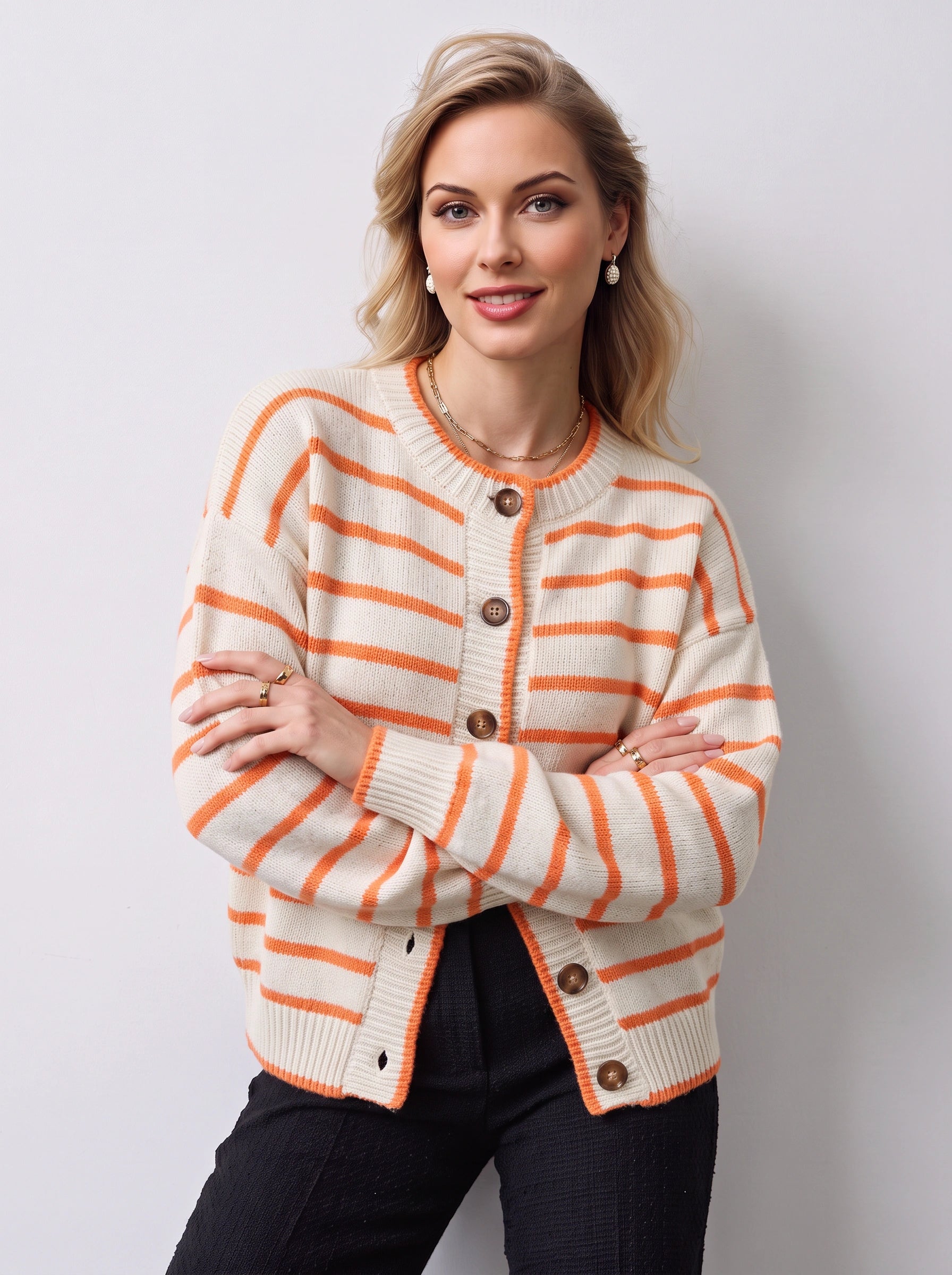 Rilynth Striped Button-Front Cardigan – Sweater Women Blue Orange Retro Fall Casual Knit Cardigan