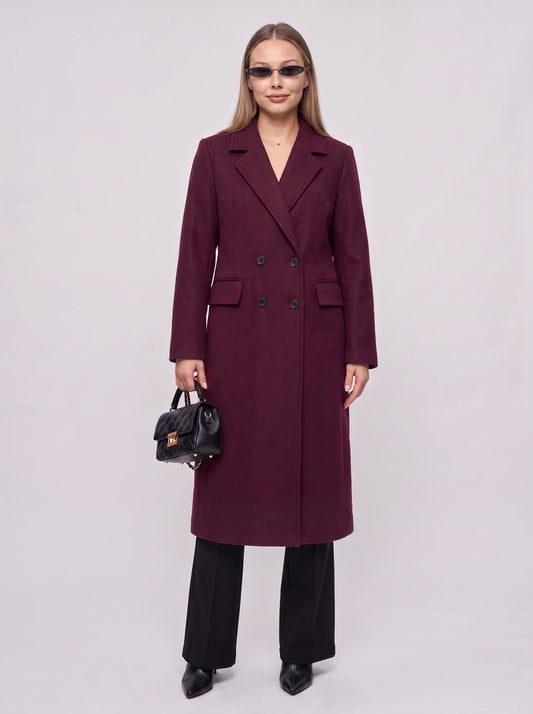 Borroux Double-Breasted Longline Coat – Burgundy Wool Trench Coat Women Office Fall Winter Tailored Ladies Overcoat