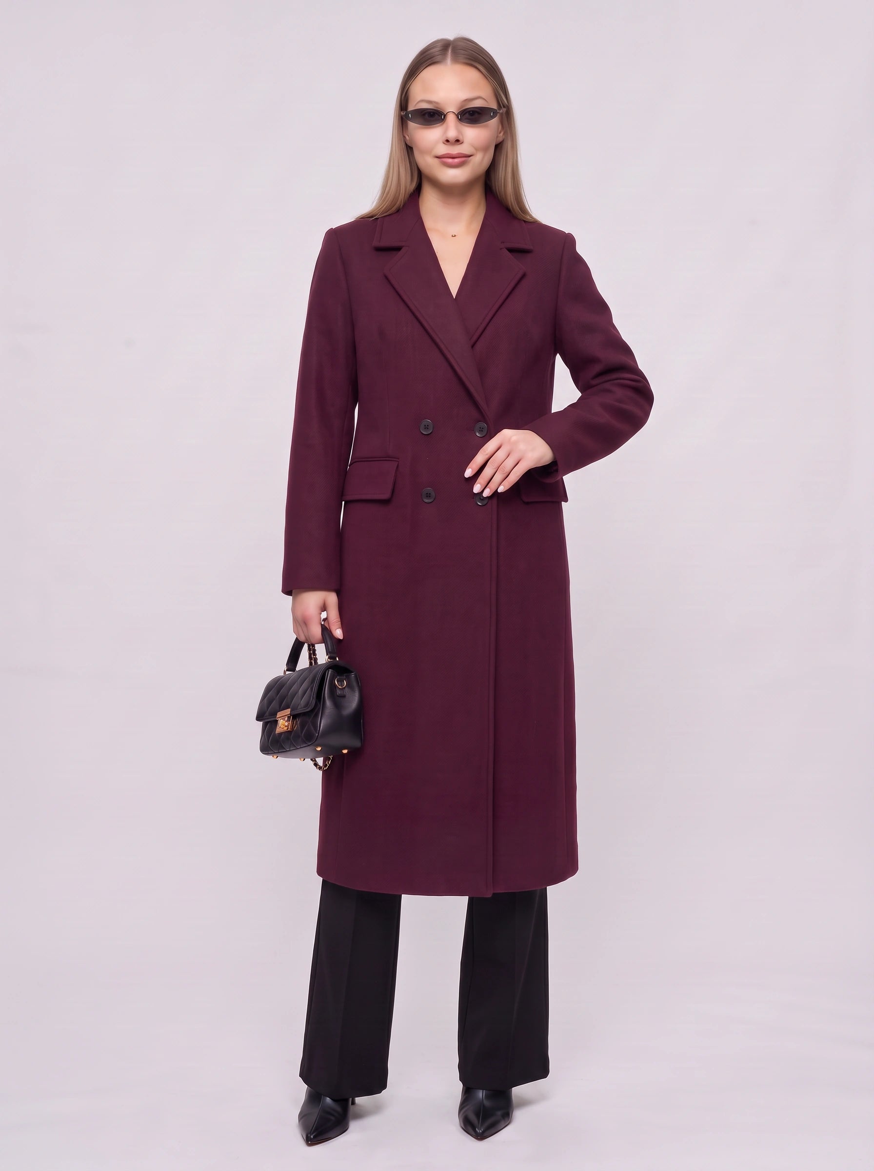 Borroux Double-Breasted Longline Coat – Burgundy Wool Trench Coat Women Office Fall Winter Tailored Ladies Overcoat