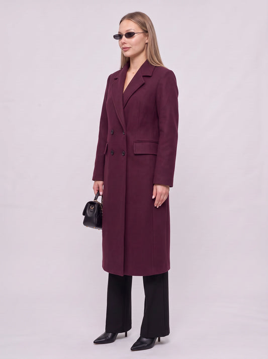 Borroux Double-Breasted Longline Coat – Burgundy Wool Trench Coat Women Office Fall Winter Tailored Ladies Overcoat