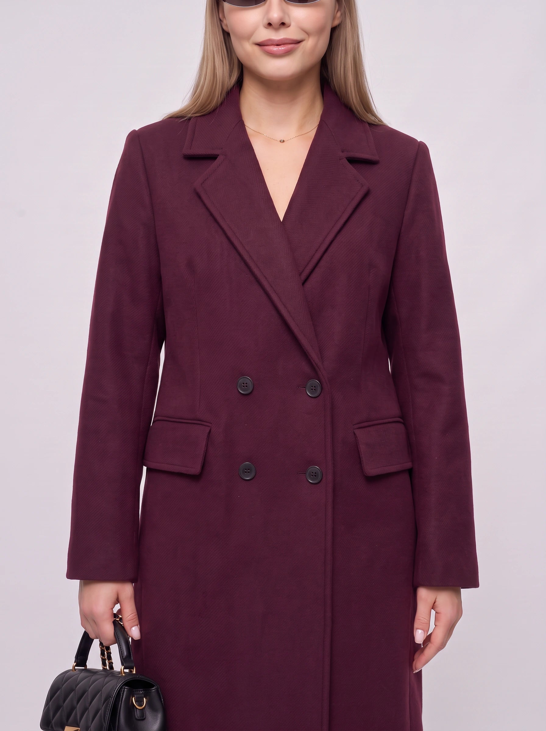 Borroux Double-Breasted Longline Coat – Burgundy Wool Trench Coat Women Office Fall Winter Tailored Ladies Overcoat