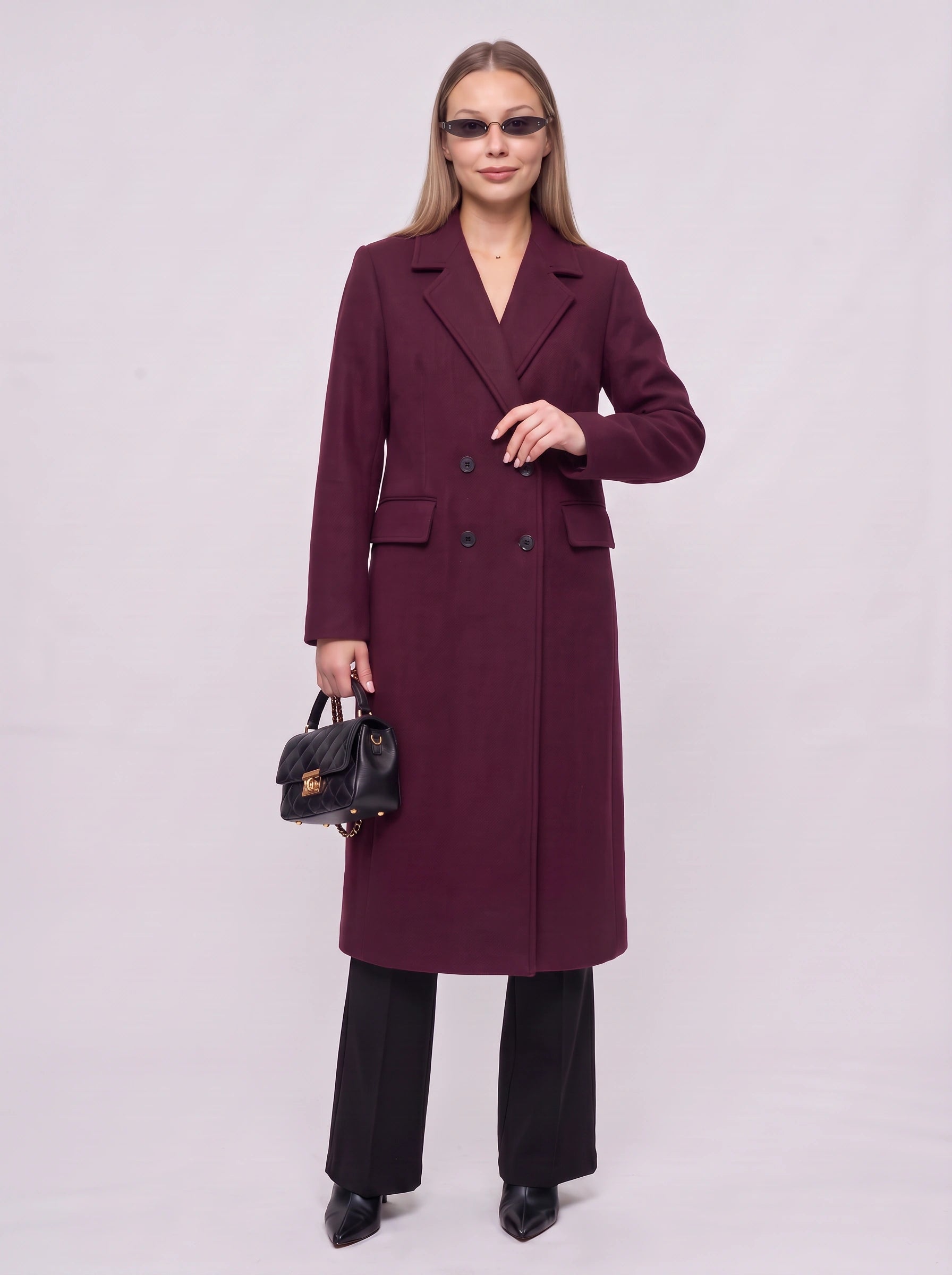 Borroux Double-Breasted Longline Coat – Burgundy Wool Trench Coat Women Office Fall Winter Tailored Ladies Overcoat