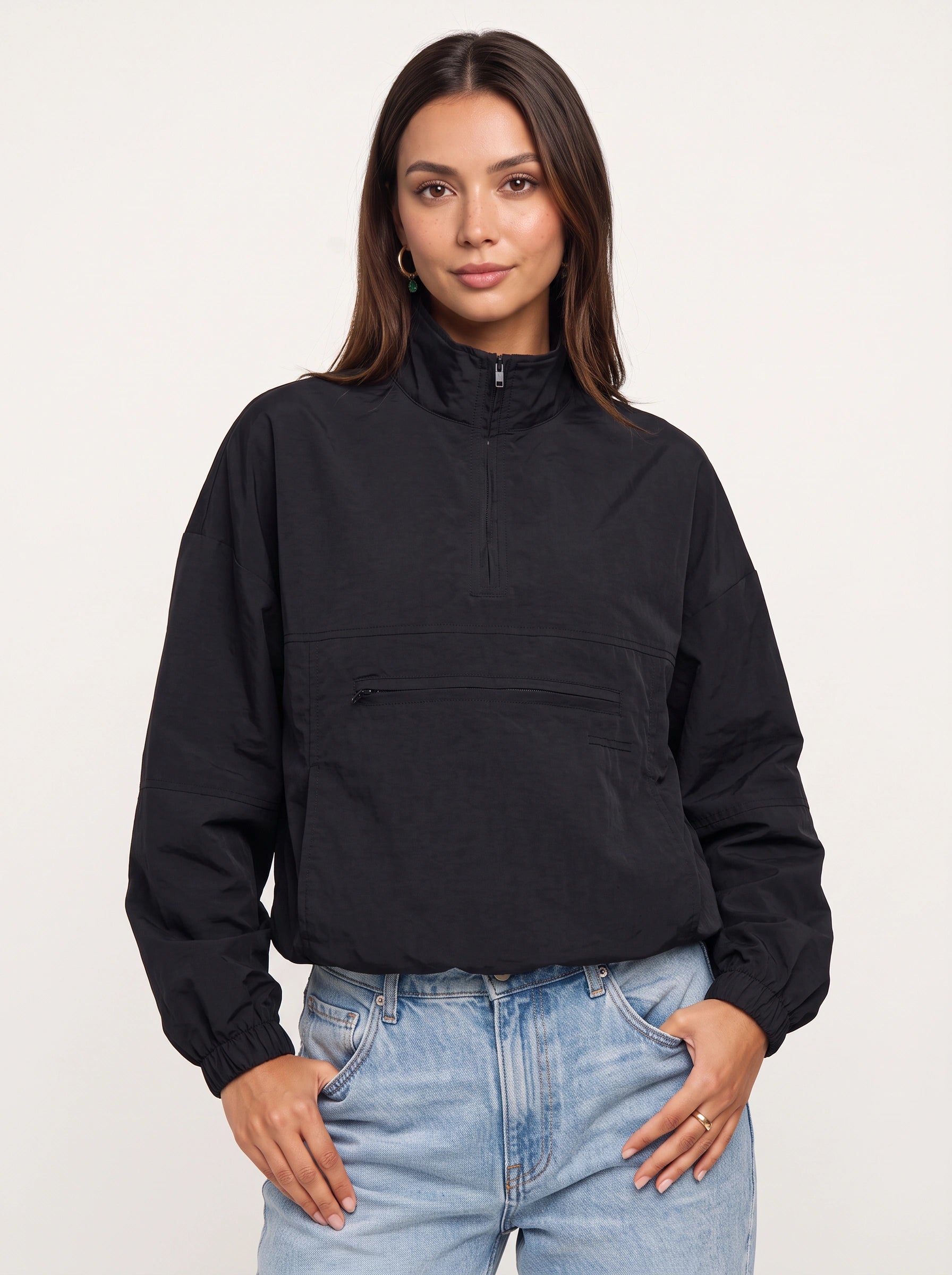 Veste coupe-vent Hexford à demi-zip - Pull-over noir à quart de zip pour femme, veste courte décontractée de style streetwear pour l'automne