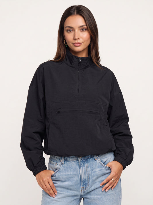 Hexford Half-Zip Windbreaker Jacket – Black Quarter-Zip Pullover Women Fall Casual Streetwear Cropped Jacket