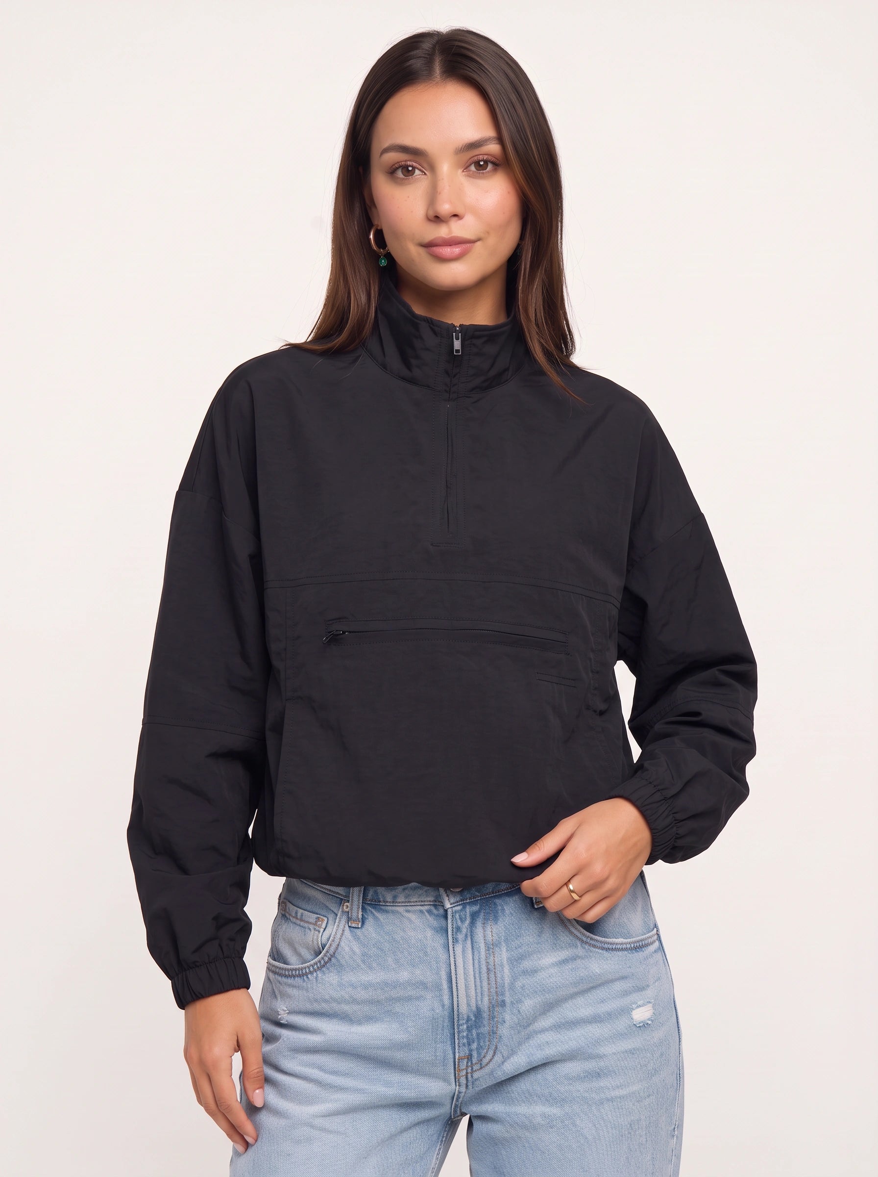 Veste coupe-vent Hexford à demi-zip - Pull-over noir à quart de zip pour femme, veste courte décontractée de style streetwear pour l'automne