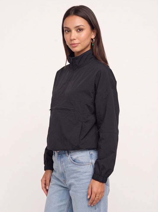 Hexford Half-Zip Windbreaker Jacket – Black Quarter-Zip Pullover Women Fall Casual Streetwear Cropped Jacket