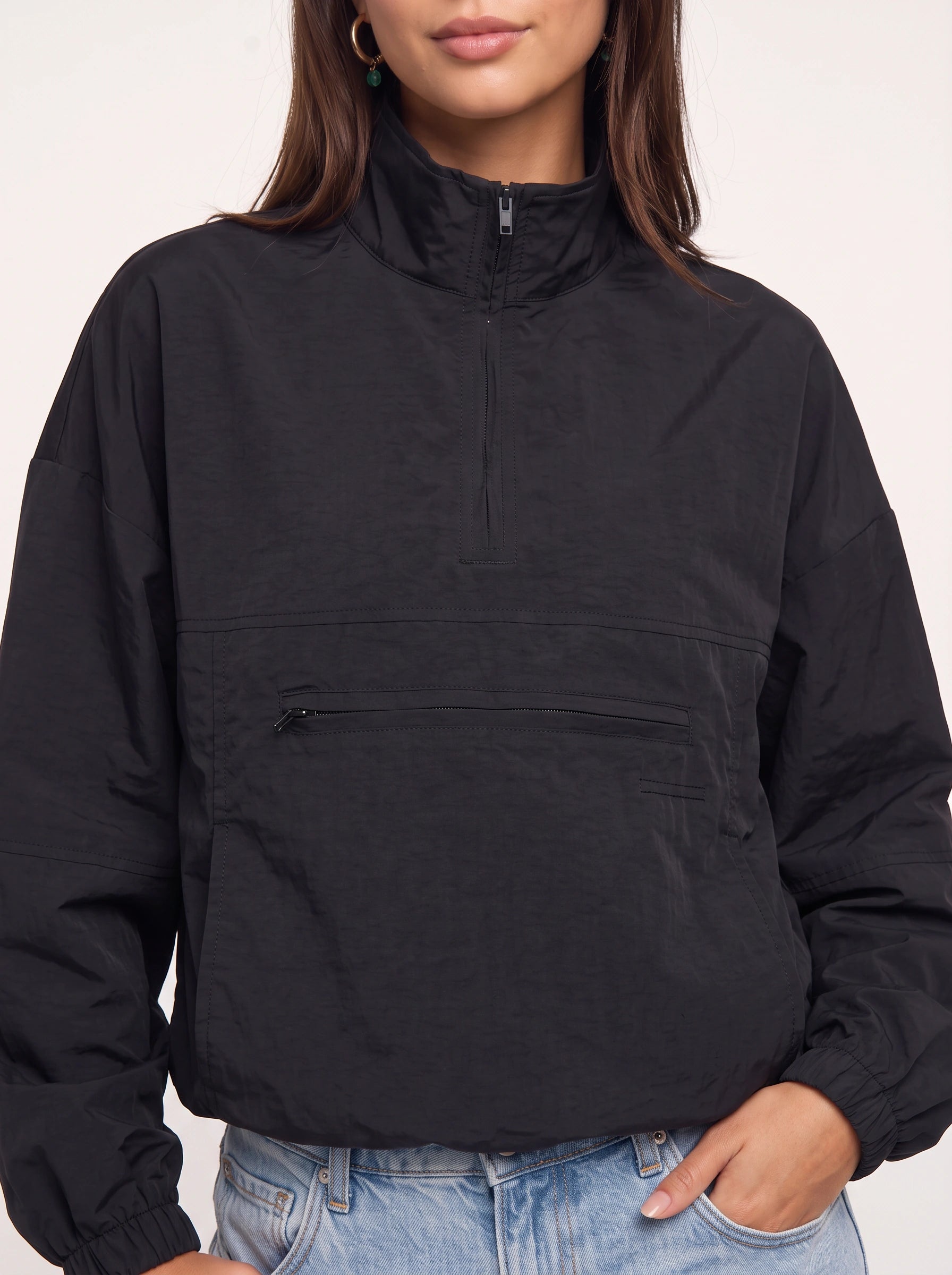 Veste coupe-vent Hexford à demi-zip - Pull-over noir à quart de zip pour femme, veste courte décontractée de style streetwear pour l'automne