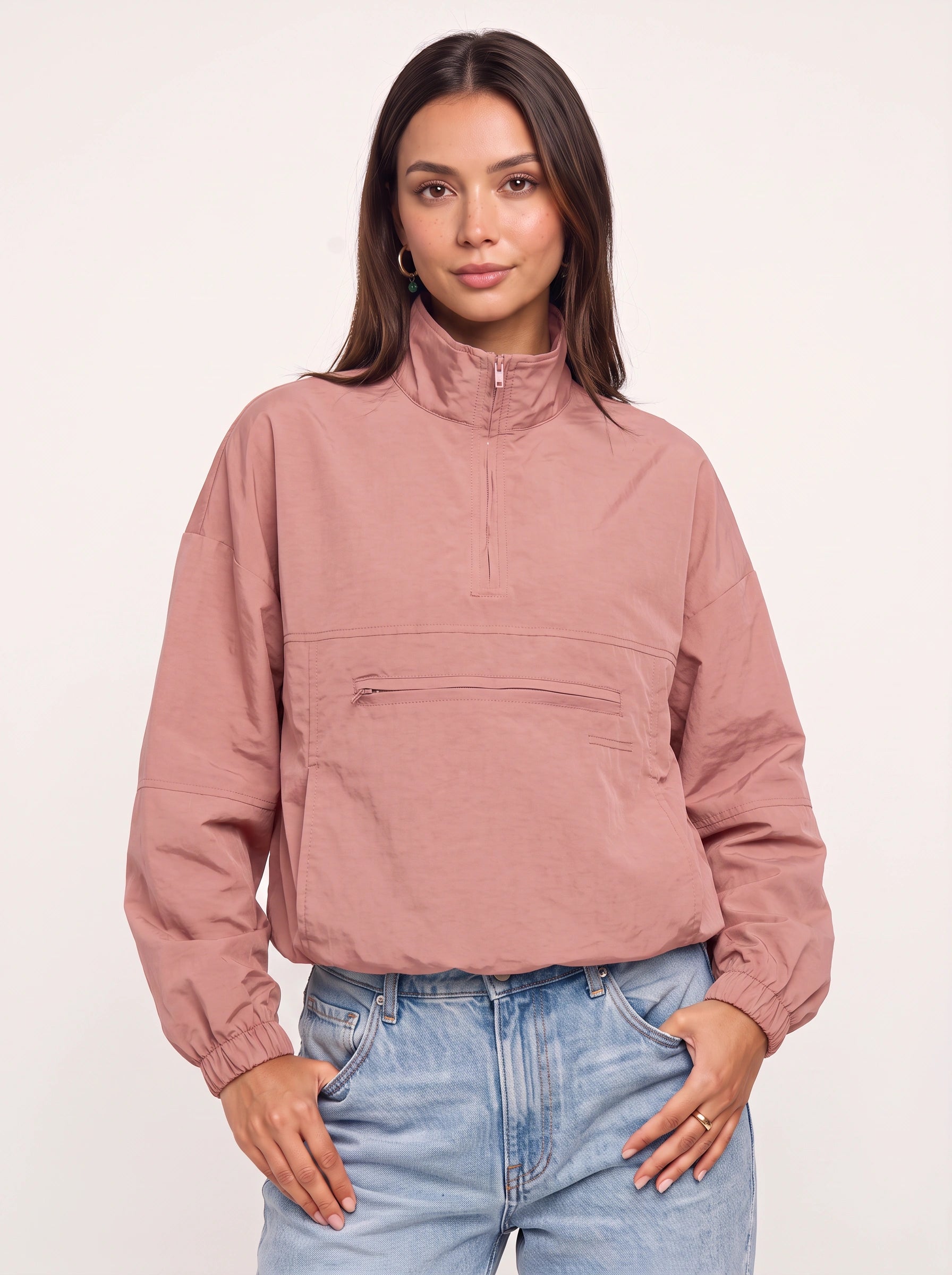 Veste coupe-vent Hexford à demi-zip - Pull-over noir à quart de zip pour femme, veste courte décontractée de style streetwear pour l'automne